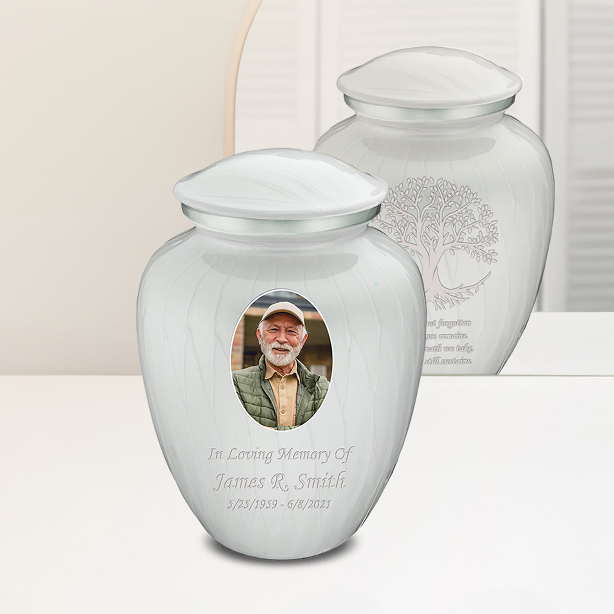 Adult Embrace Pearl White Portrait with Tree of Life Cremation Urn