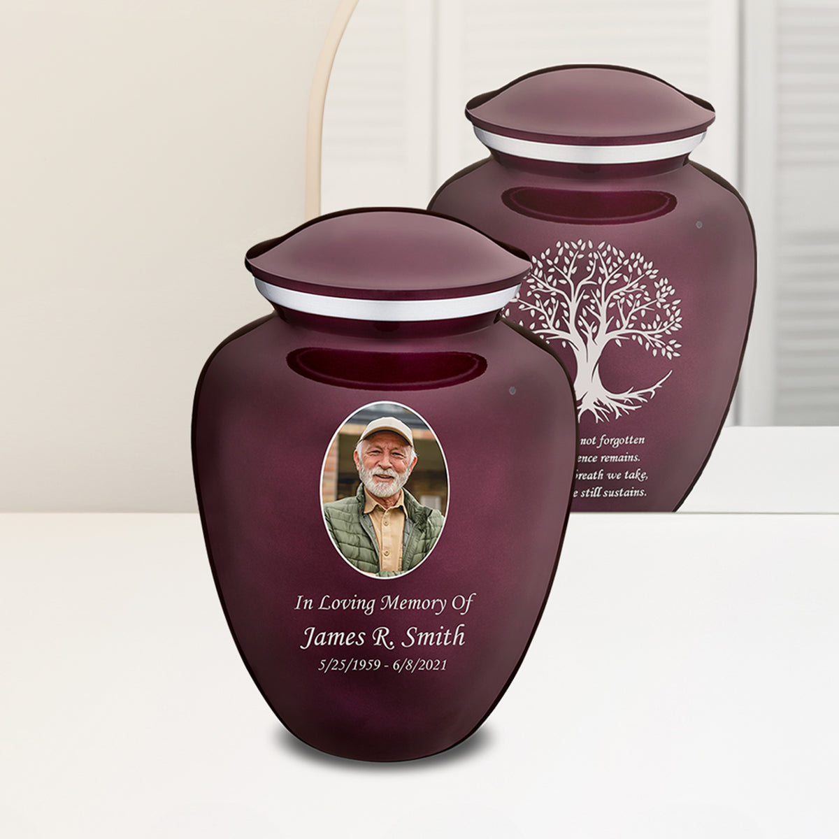 Adult Embrace Cherry Purple Portrait with Tree of Life Cremation Urn
