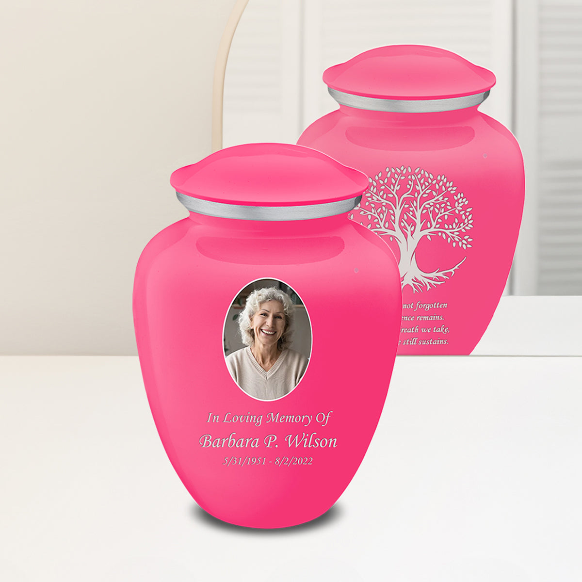 Adult Embrace Bright Pink Portrait with Tree of Life Cremation Urn