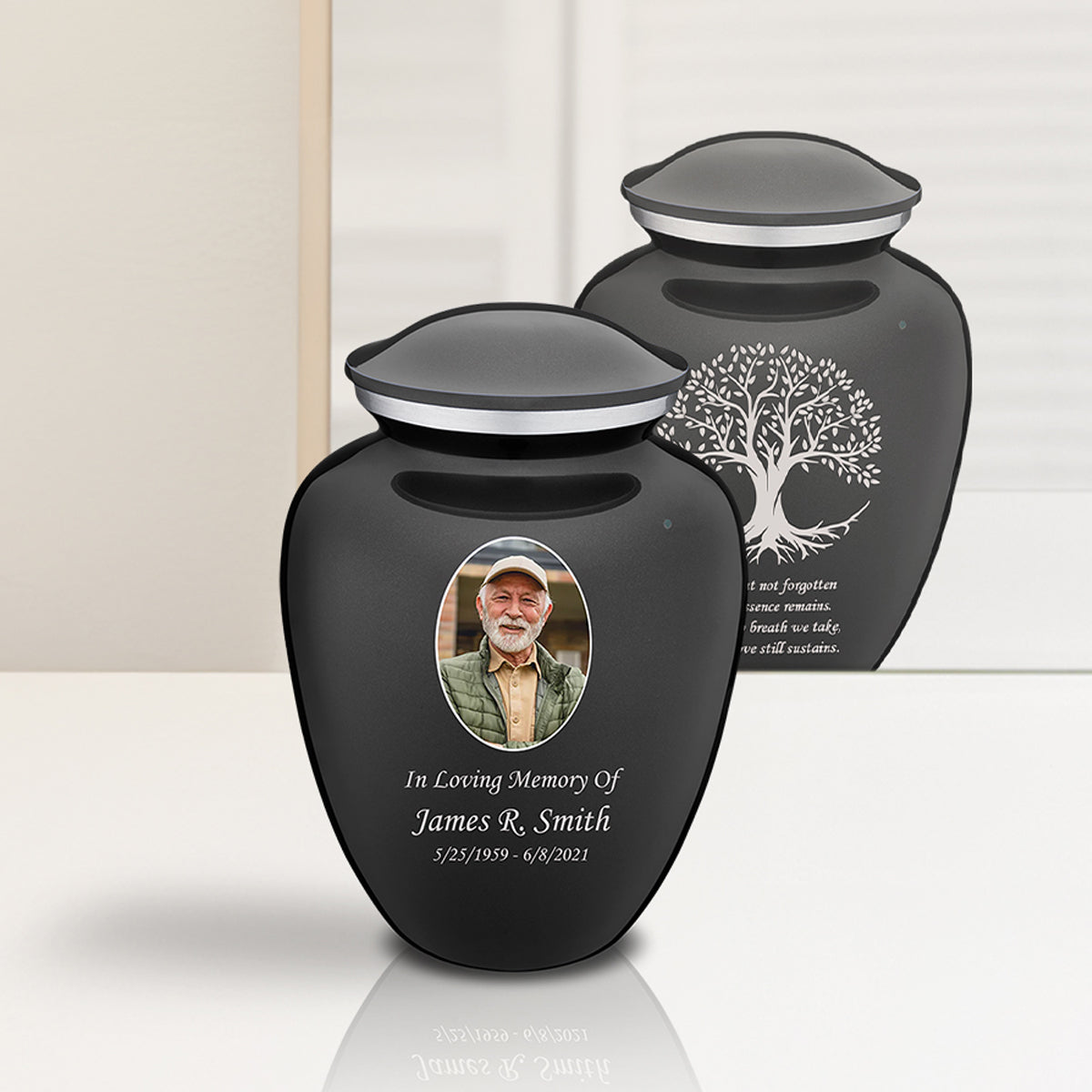 Medium Embrace Charcoal Portrait with Tree of Life Cremation Urn
