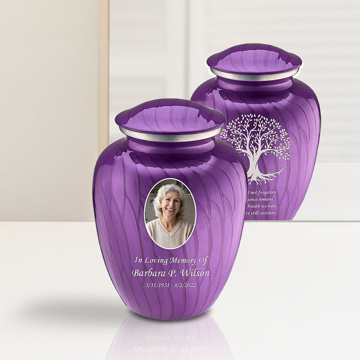 Medium Embrace Pearl Purple Portrait with Tree of Life Cremation Urn