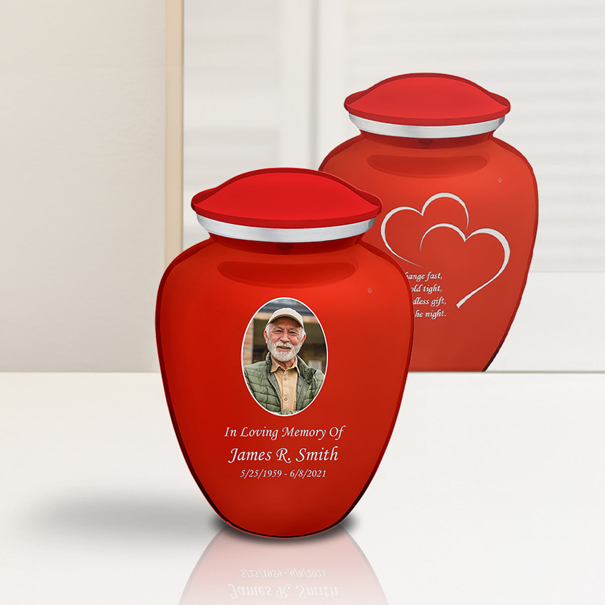 Medium Embrace Bright Red Portrait with Hearts Cremation Urn