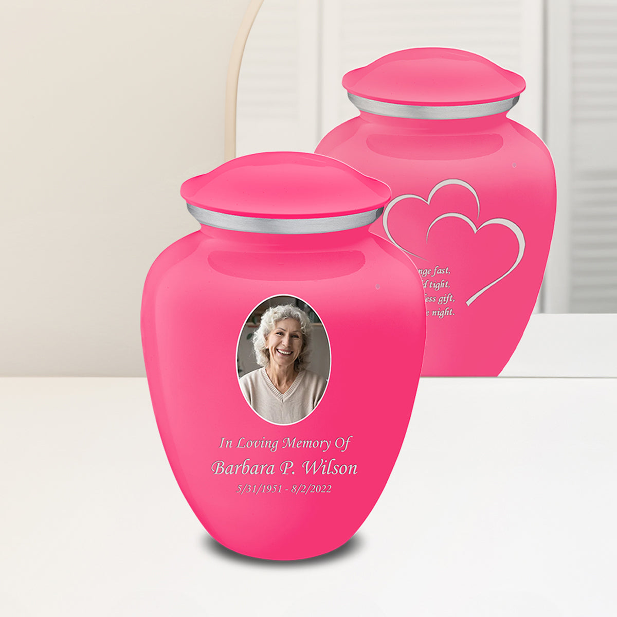 Adult Embrace Bright Pink Portrait with Hearts Cremation Urn