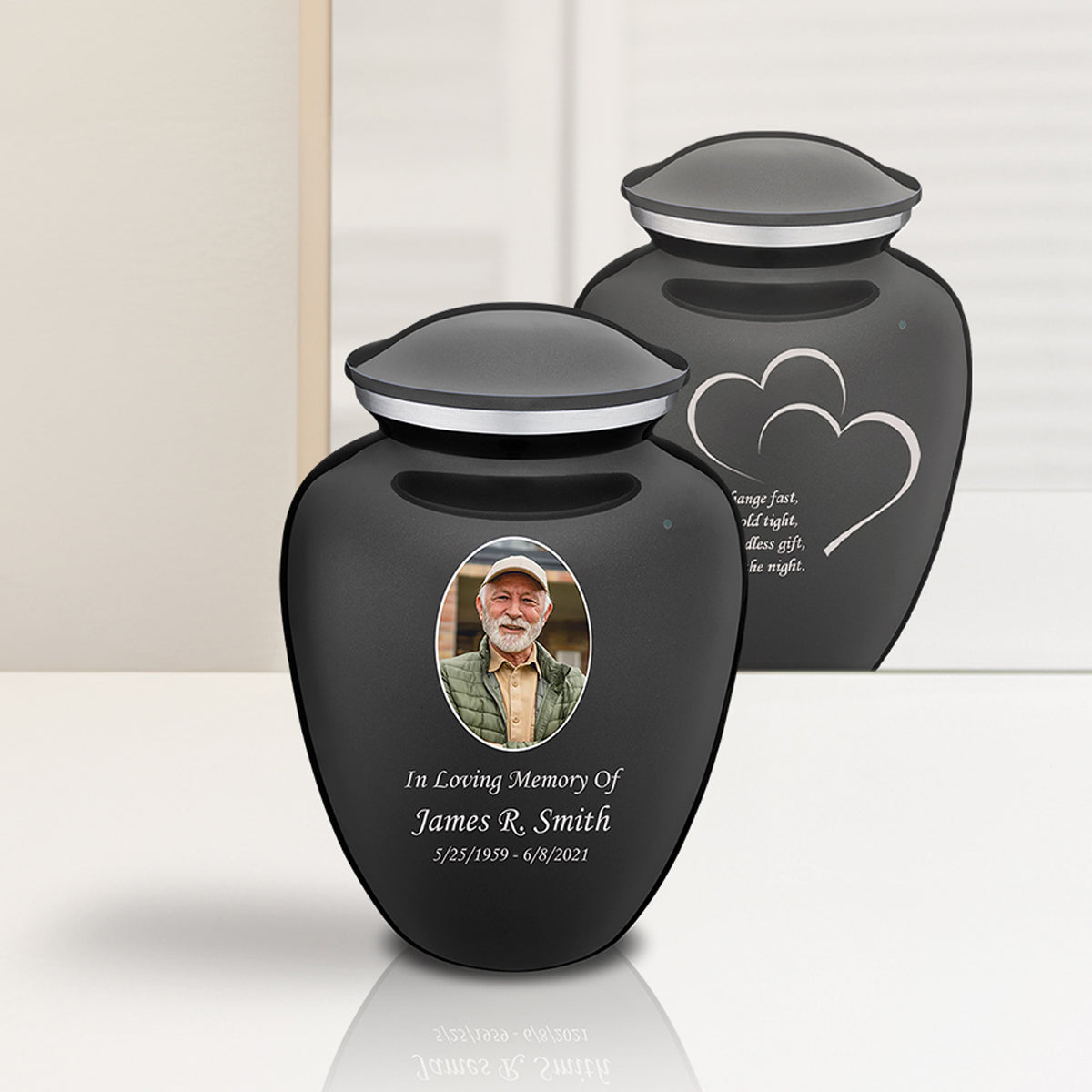 Medium Embrace Charcoal Portrait with Hearts Cremation Urn