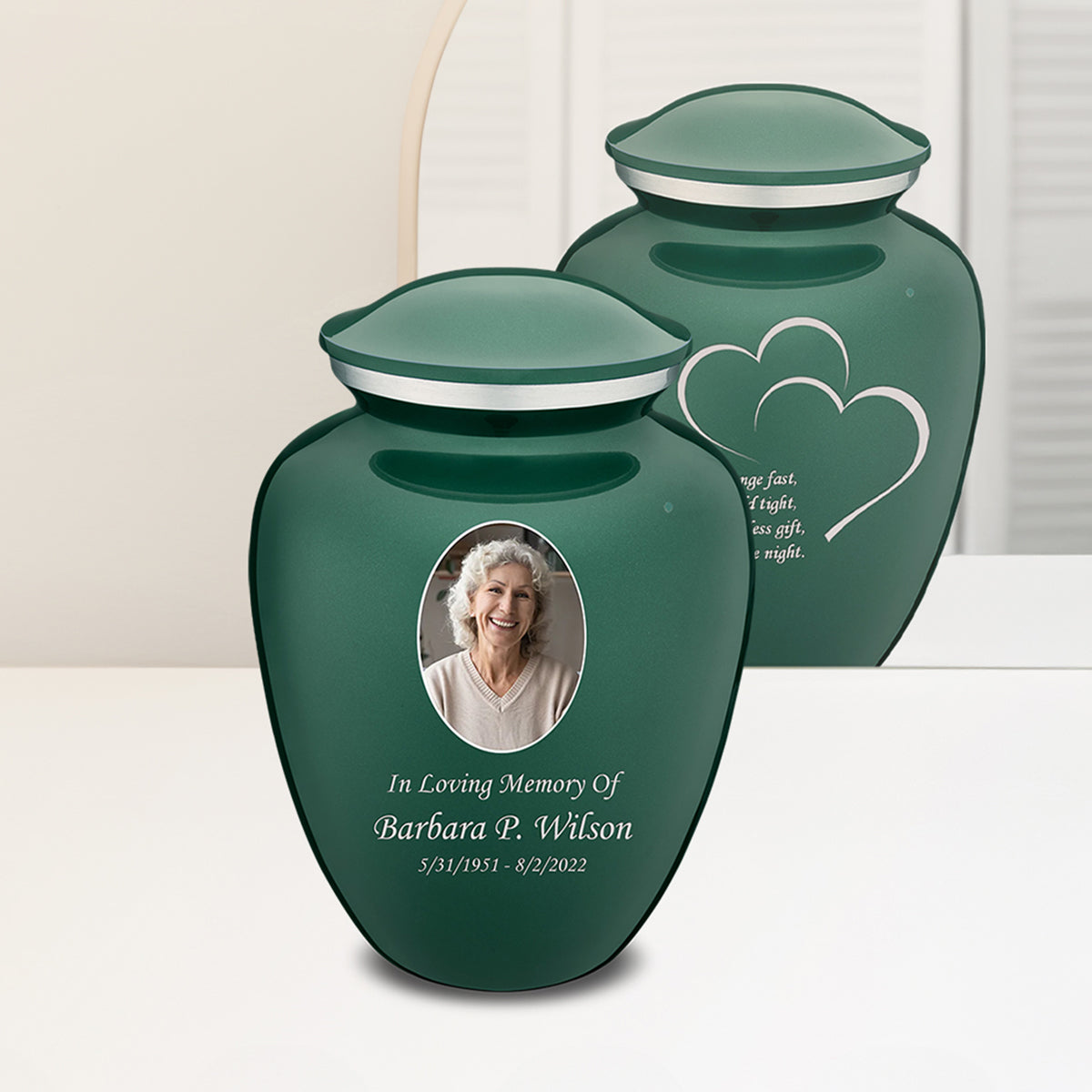 Adult Embrace Green Portrait with Hearts Cremation Urn