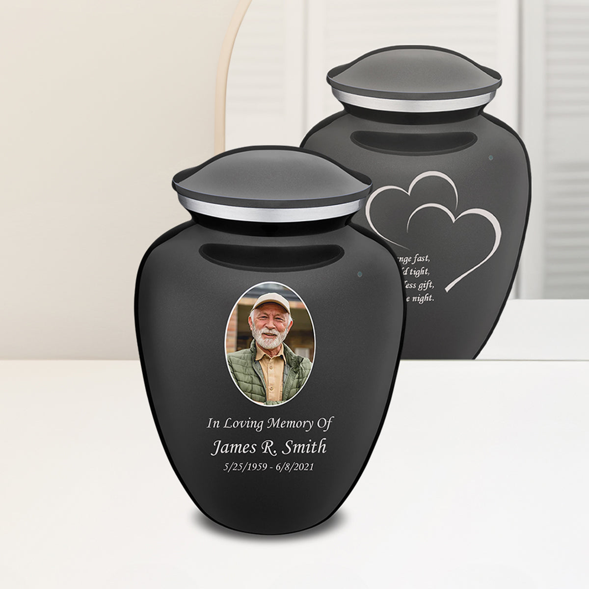 Adult Embrace Charcoal Portrait with Hearts Cremation Urn