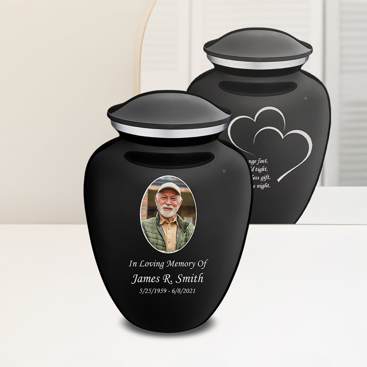 Adult Embrace Black Portrait Hearts Cremation Urn