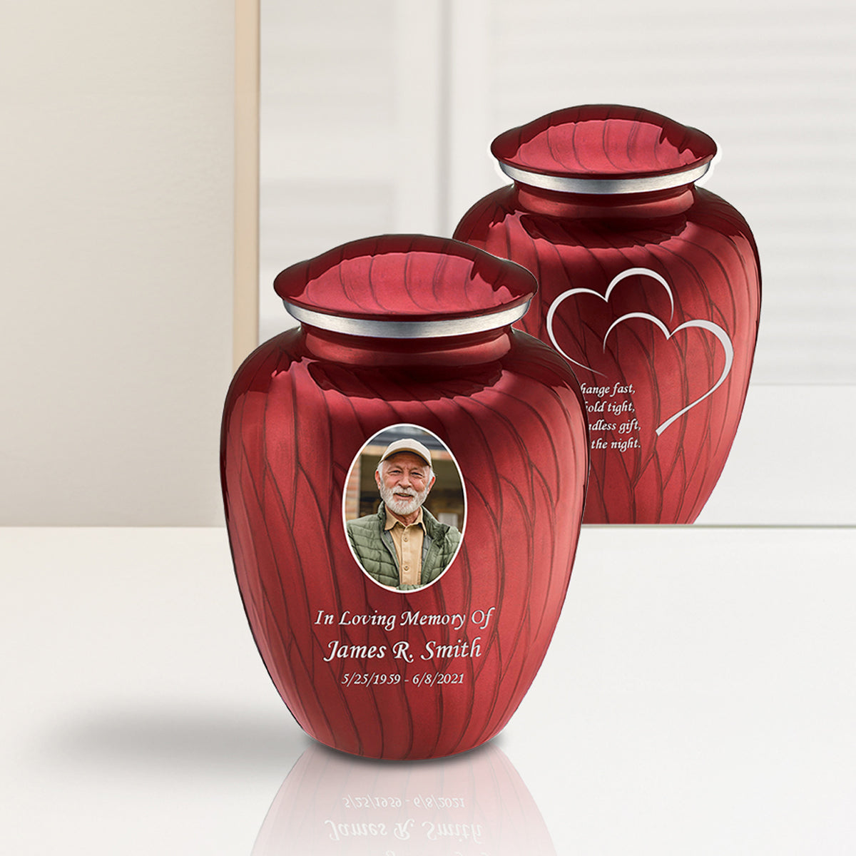 Medium Embrace Pearl Candy Red Portrait with Hearts Cremation Urn