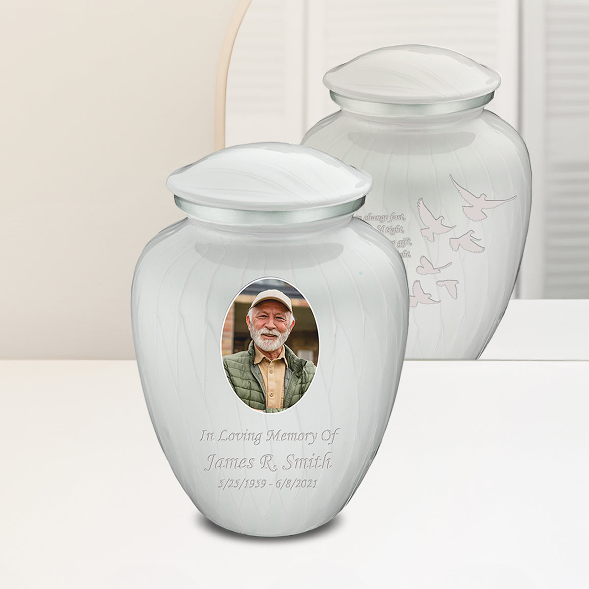 Adult Embrace Pearl White Portrait with Doves Cremation Urn