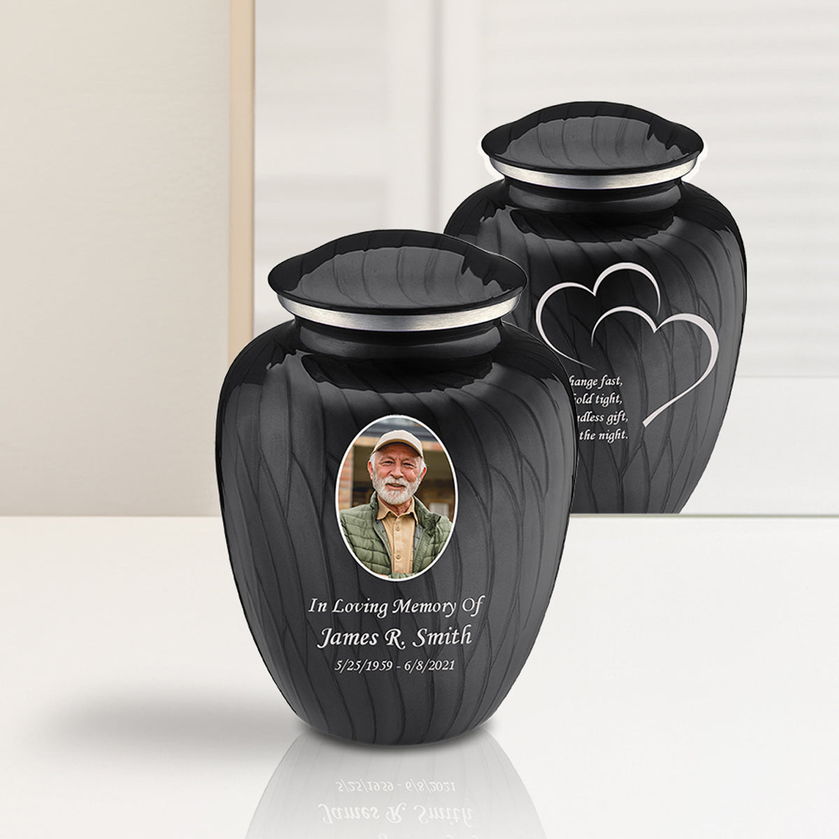 Medium Embrace Pearl Black Portrait with Hearts Cremation Urn