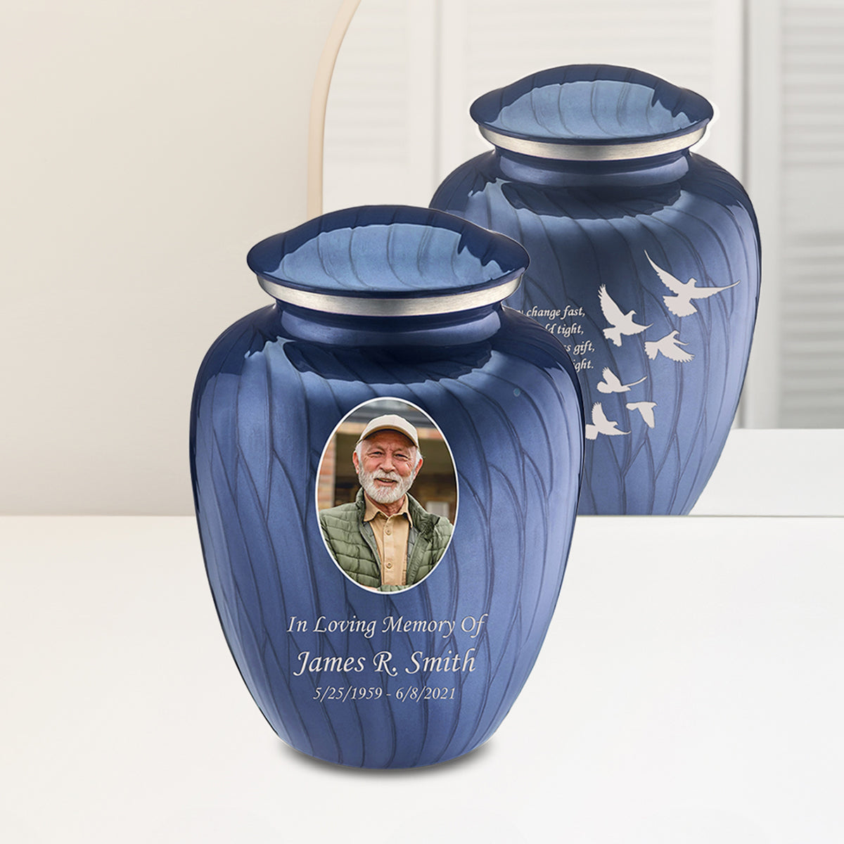 Adult Embrace Pearl Cobalt Blue Portrait with Doves Cremation Urn