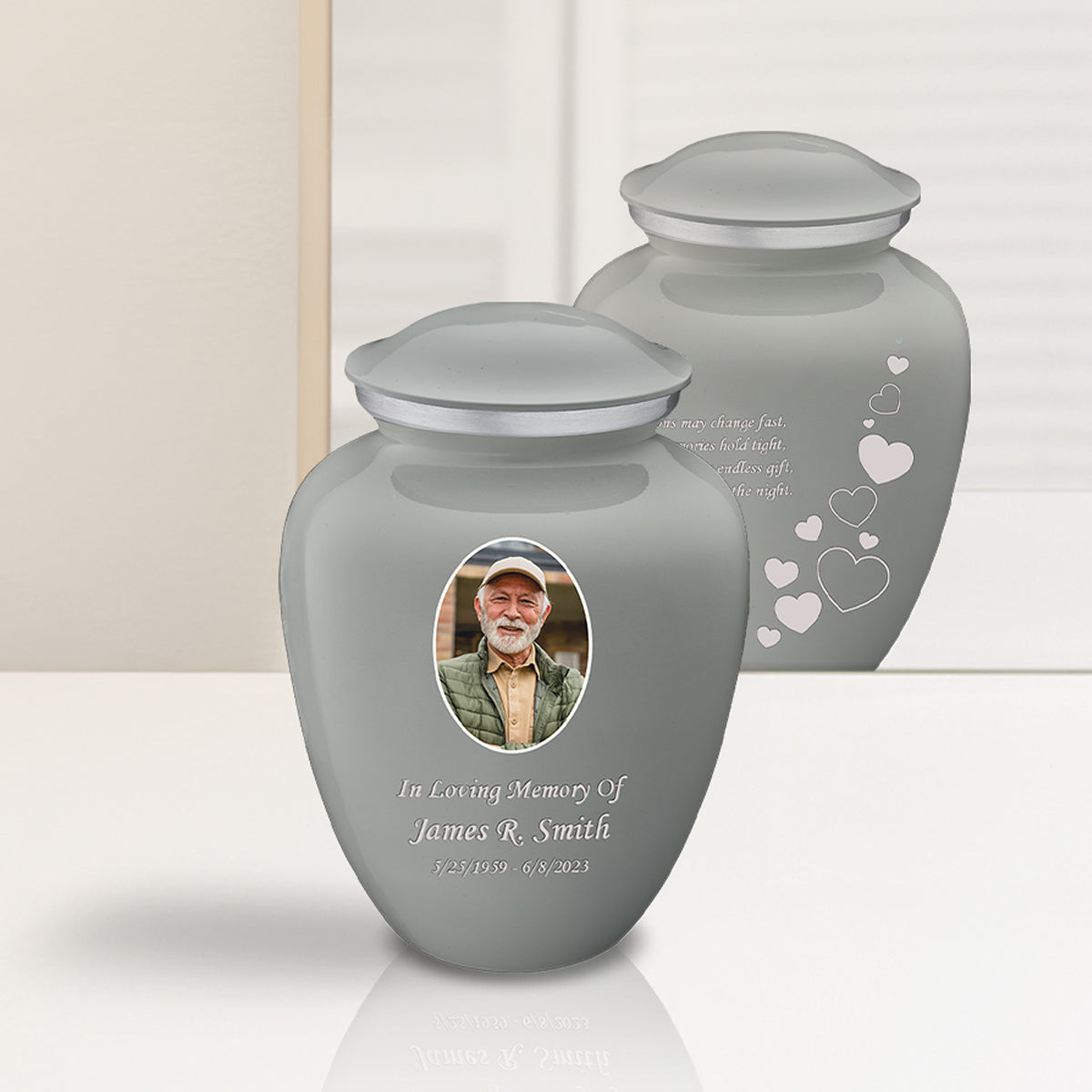 Medium Embrace Slate Grey Portrait with Floating Hearts Cremation Urn