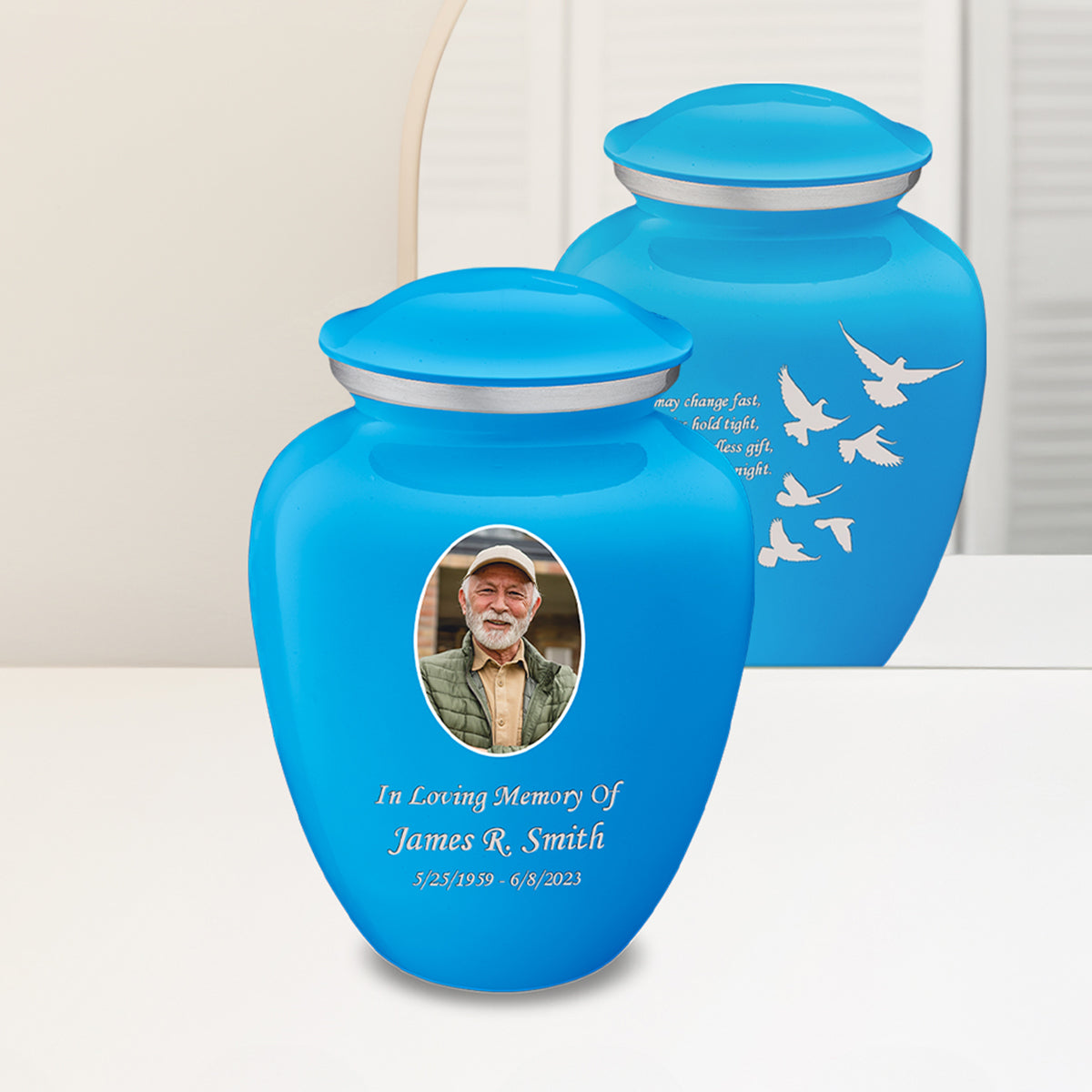 Adult Embrace Racing Blue Portrait with Doves Cremation Urn
