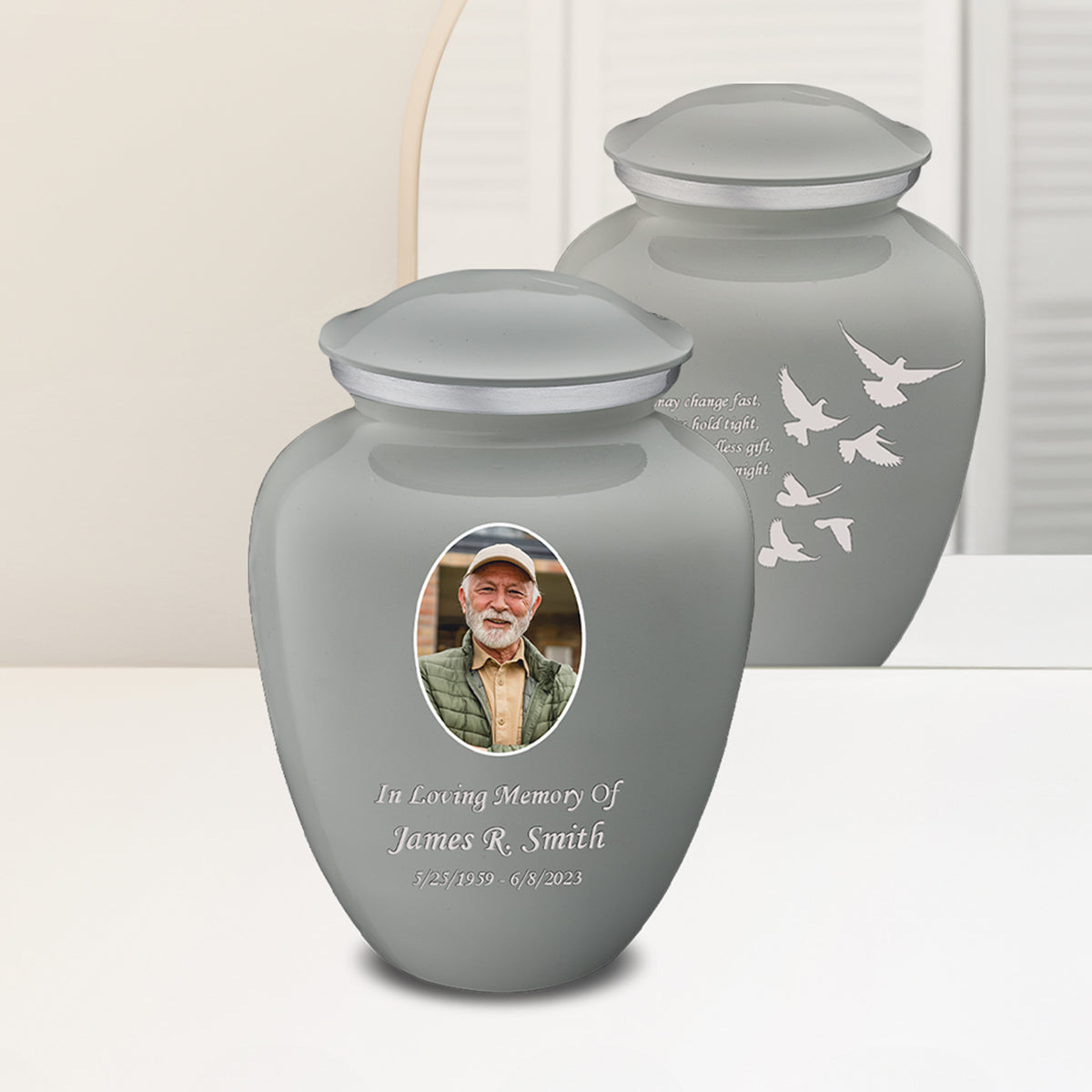 Adult Embrace Slate Grey Portrait with Doves Cremation Urn