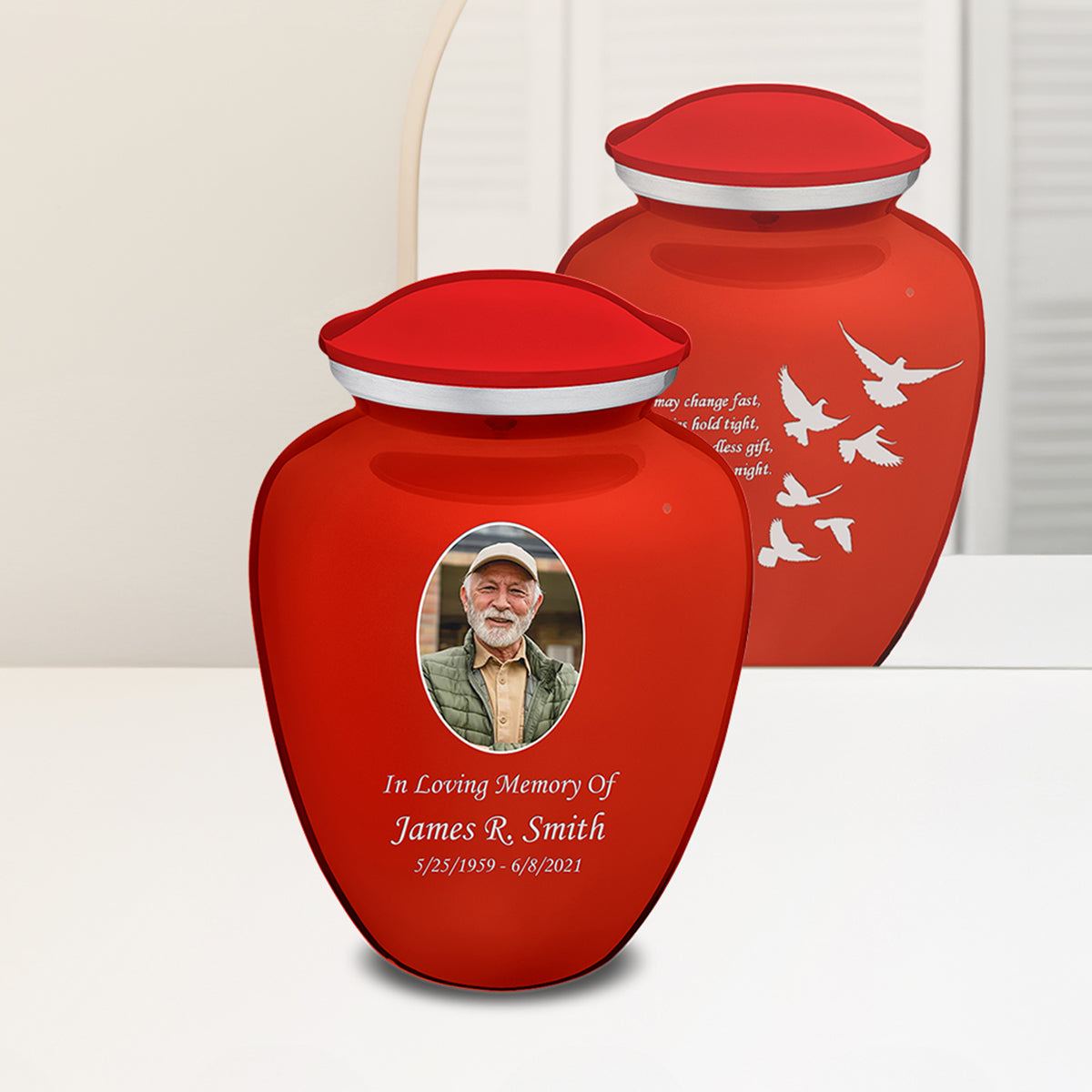 Adult Embrace Bright Red Portrait with Doves Cremation Urn