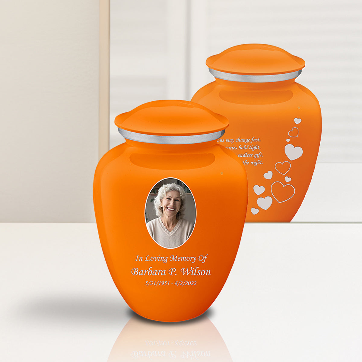 Medium Embrace Burnt Orange Portrait with Floating Hearts Cremation Urn
