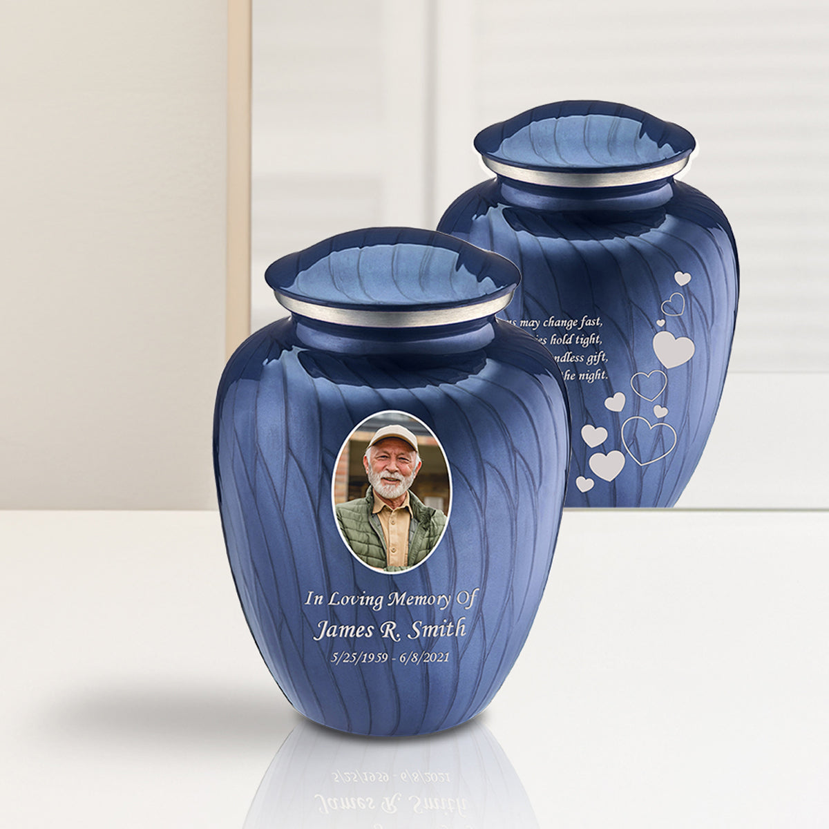 Medium Embrace Pearl Cobalt Blue Portrait with Floating Hearts Cremation Urn