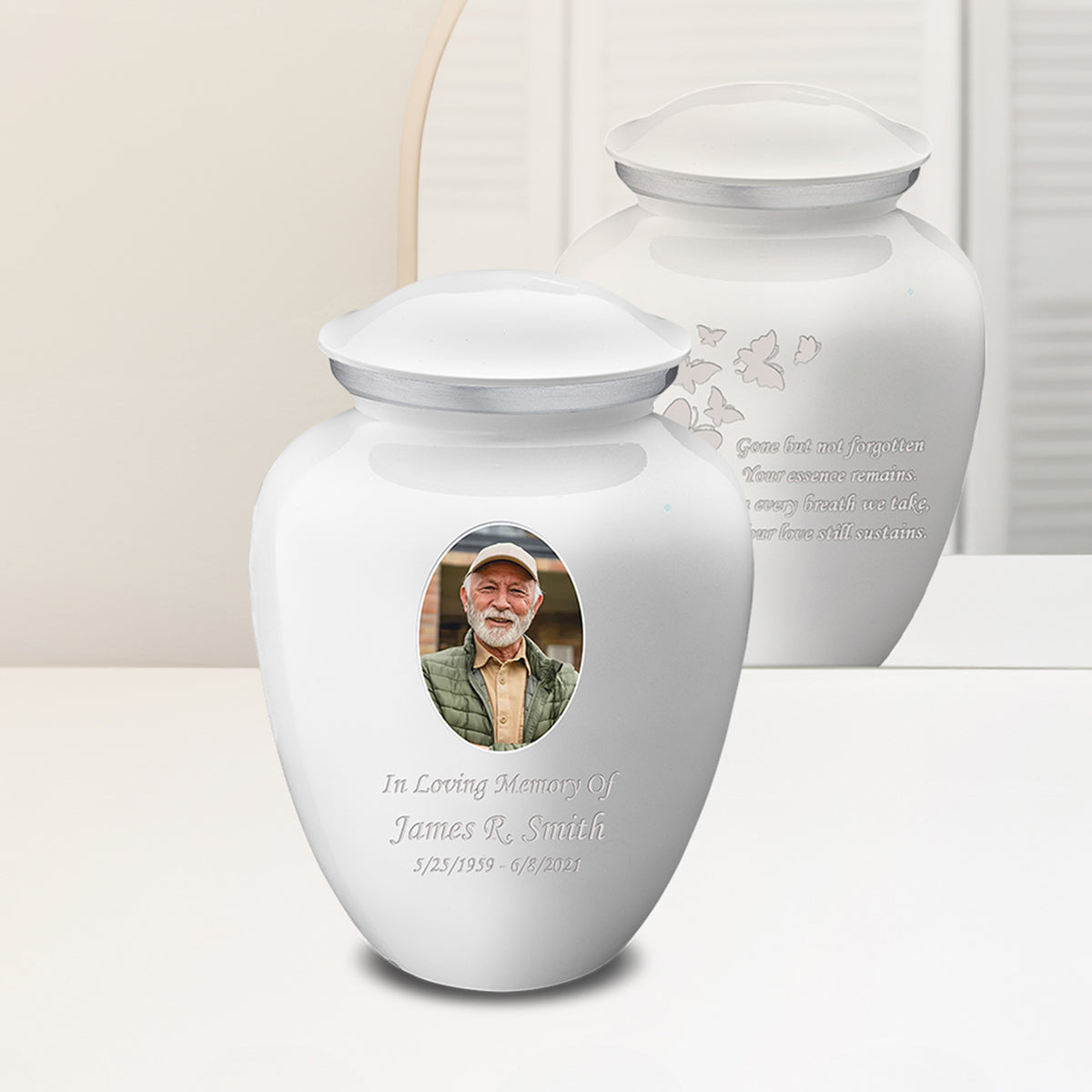 Adult Embrace White Portrait with Butterflies Cremation Urn