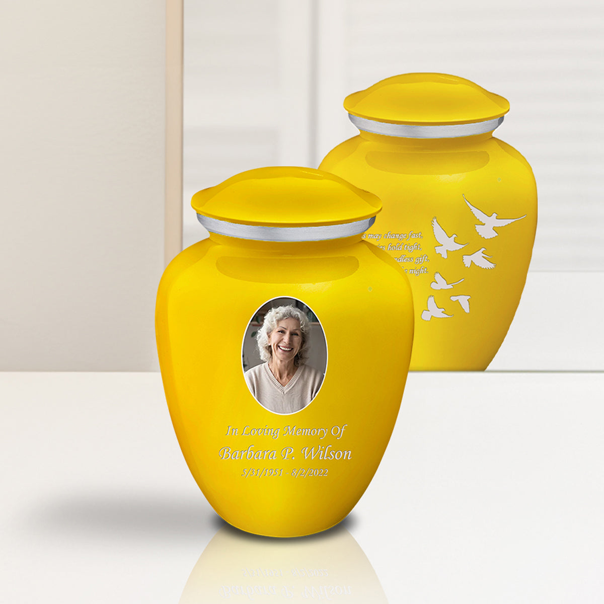 Medium Embrace Yellow Portrait with Doves Cremation Urn