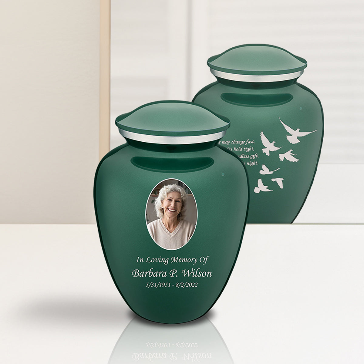 Medium Embrace Green Portrait with Doves Cremation Urn