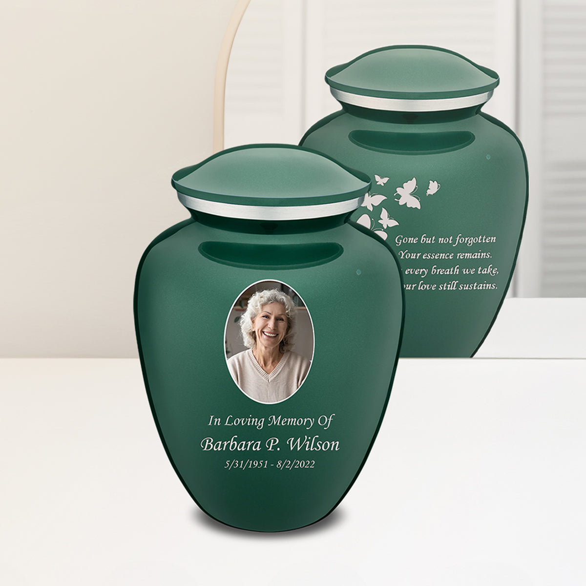 Adult Embrace Green Portrait with Butterflies Cremation Urn