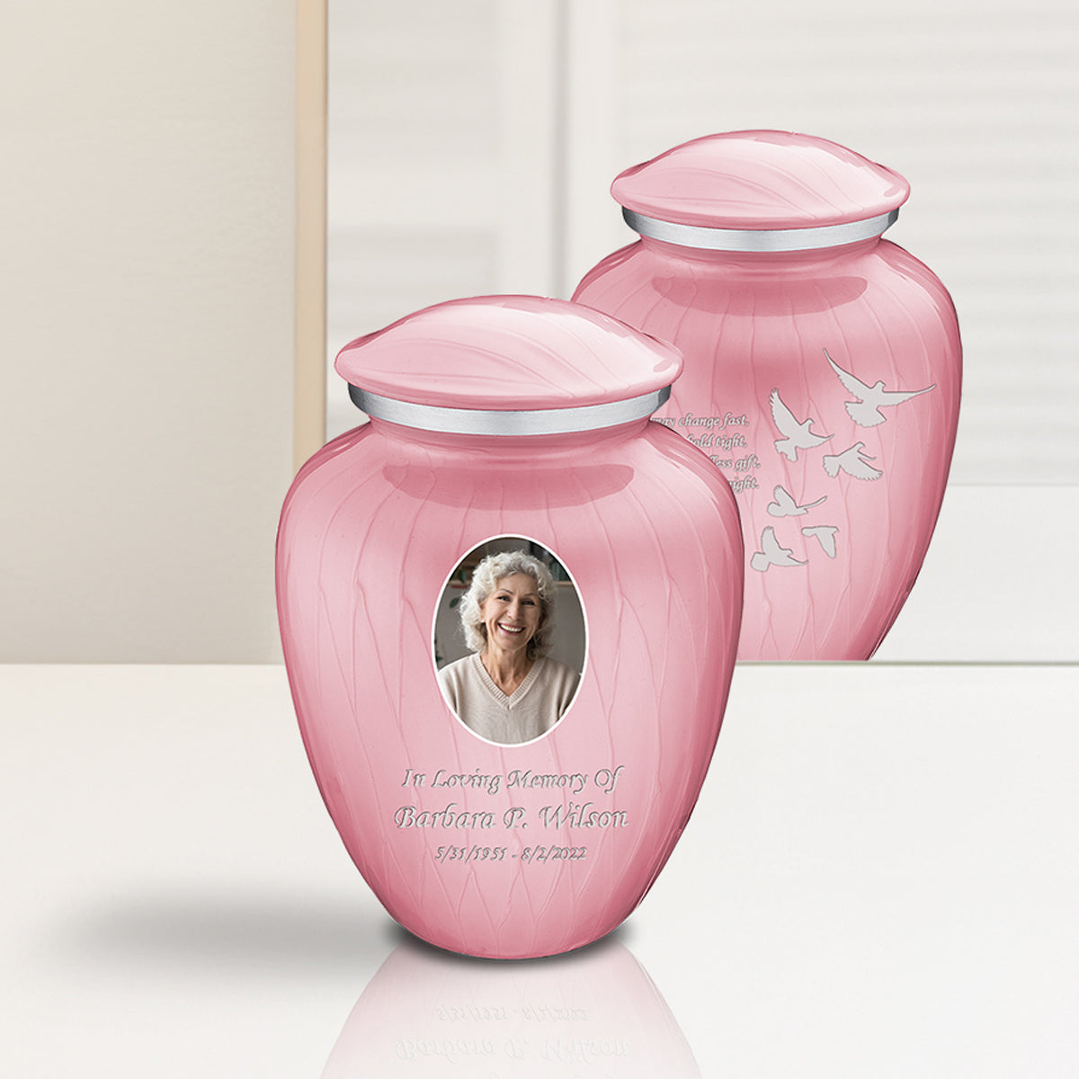 Medium Embrace Pearl Pink Portrait with Doves Cremation Urn