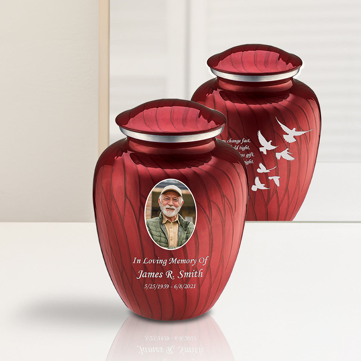 Medium Embrace Pearl Candy Red Portrait with Doves Cremation Urn