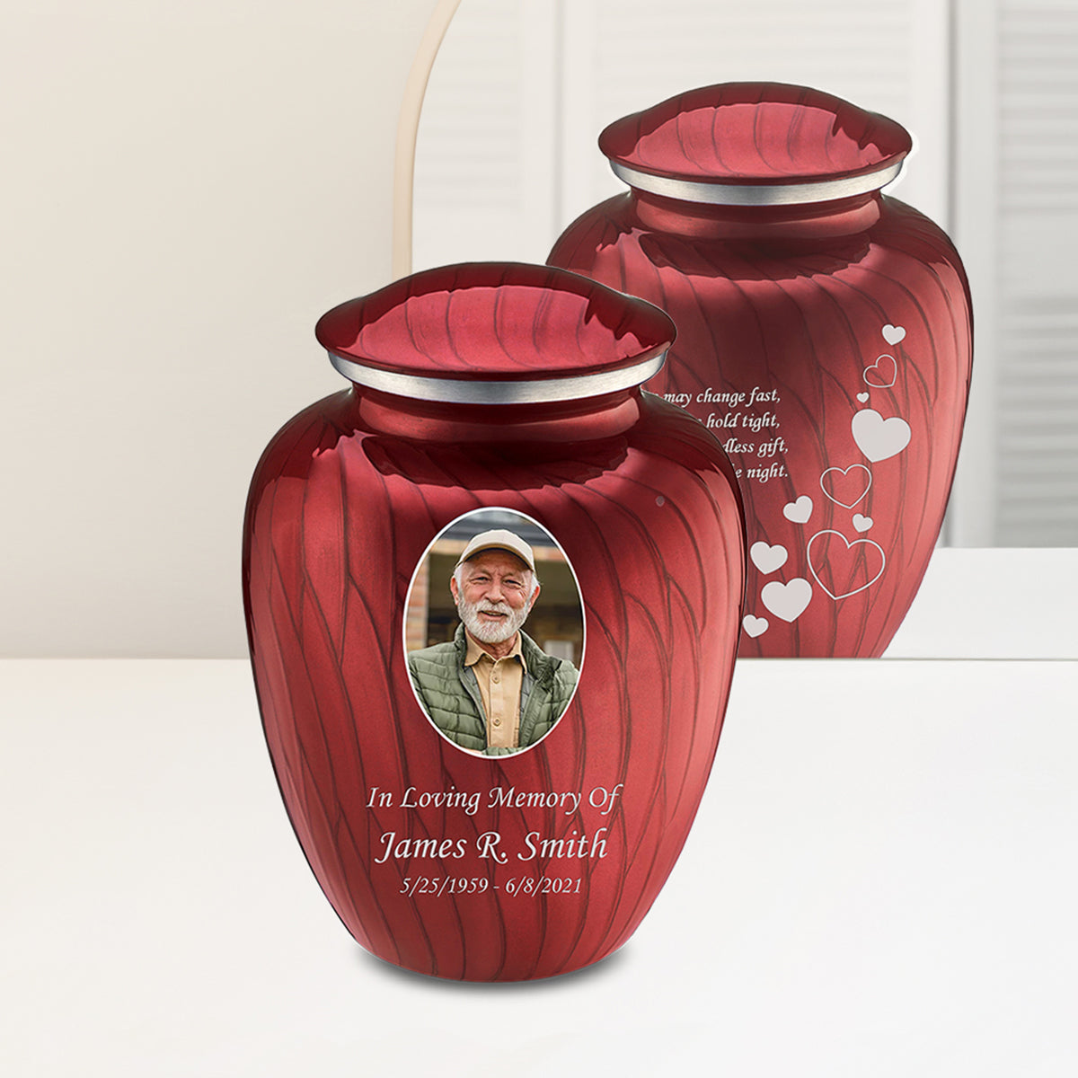 Adult Embrace Pearl Candy Red Portrait with Floating Hearts Cremation Urn