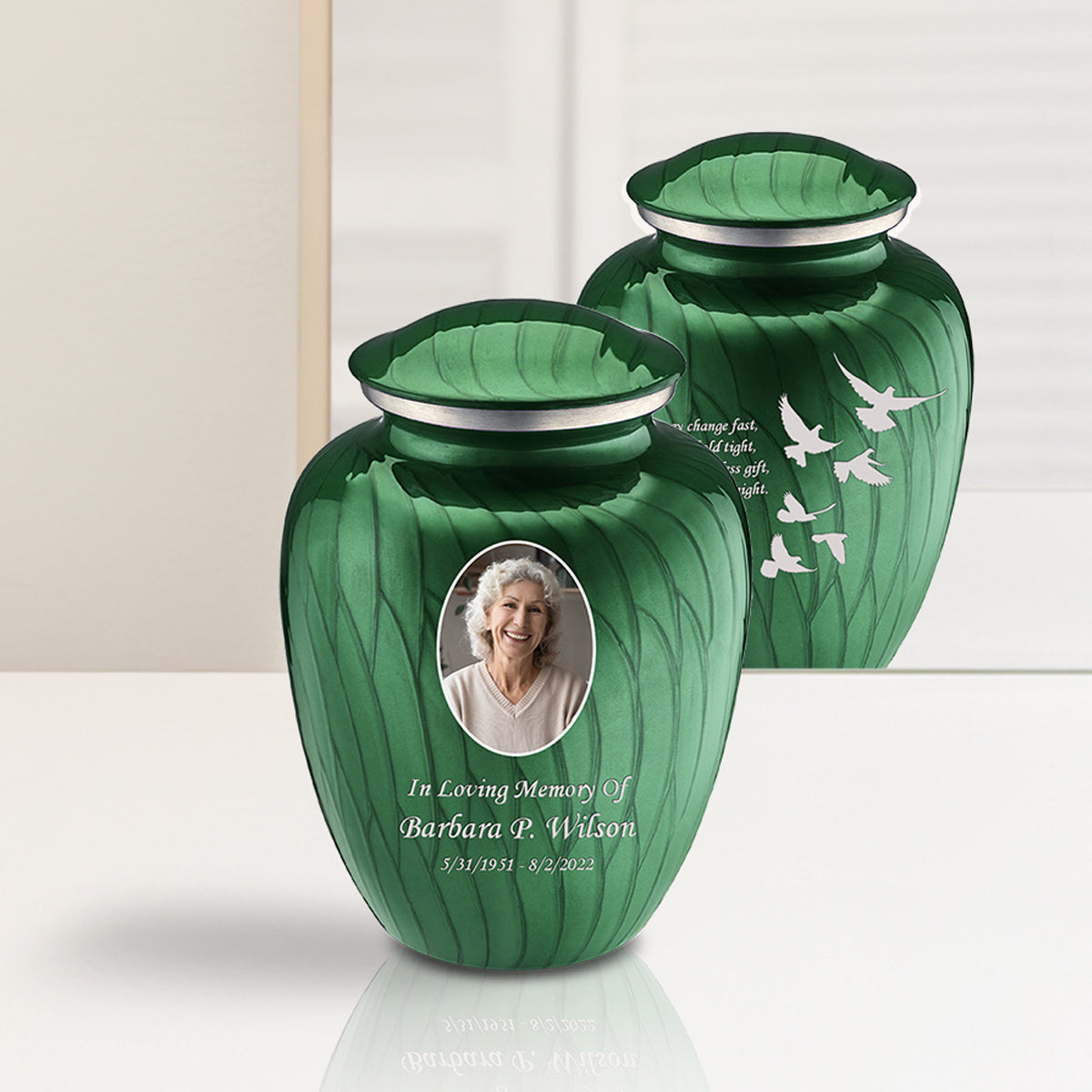 Medium Embrace Pearl Green Portrait with Doves Cremation Urn