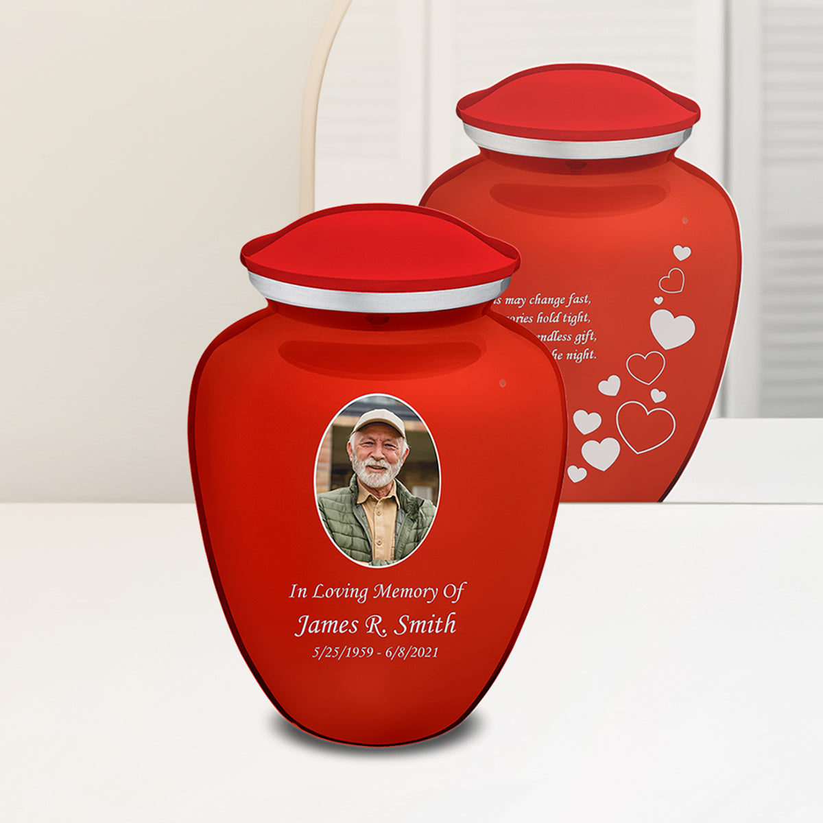 Adult Embrace Bright Red Portrait with Floating Hearts Cremation Urn