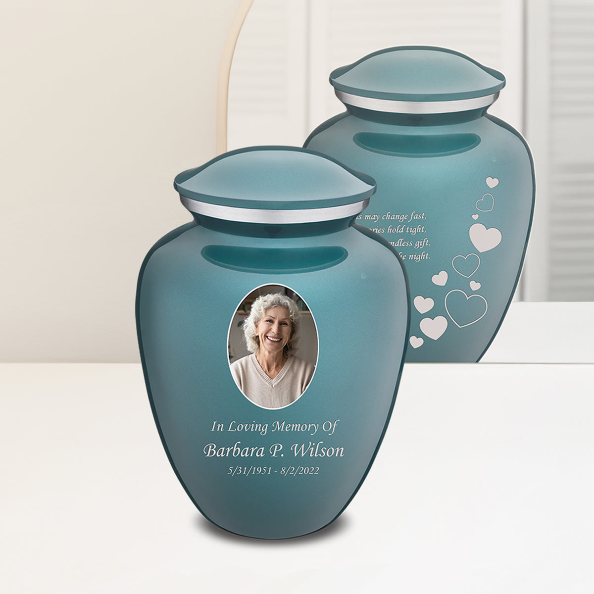 Adult Embrace Teal Portrait with Floating Heart Cremation Urn