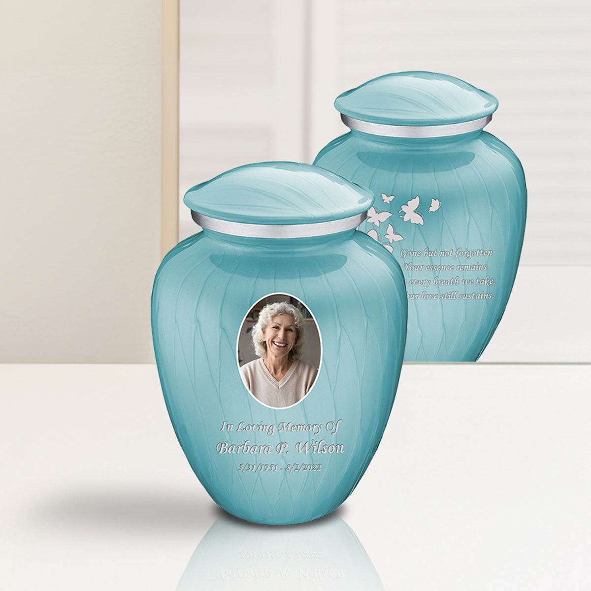 Medium Embrace Pearl Light Blue Portrait with Butterflies Cremation Urn