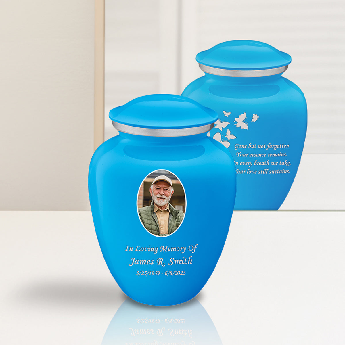 Medium Embrace Racing Blue Portrait with Butterflies Cremation Urn