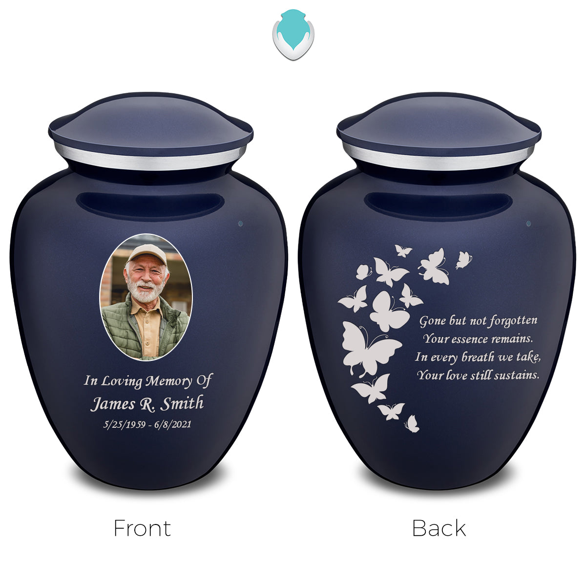 Medium Embrace Cobalt Blue Portrait with Butterflies Cremation Urn
