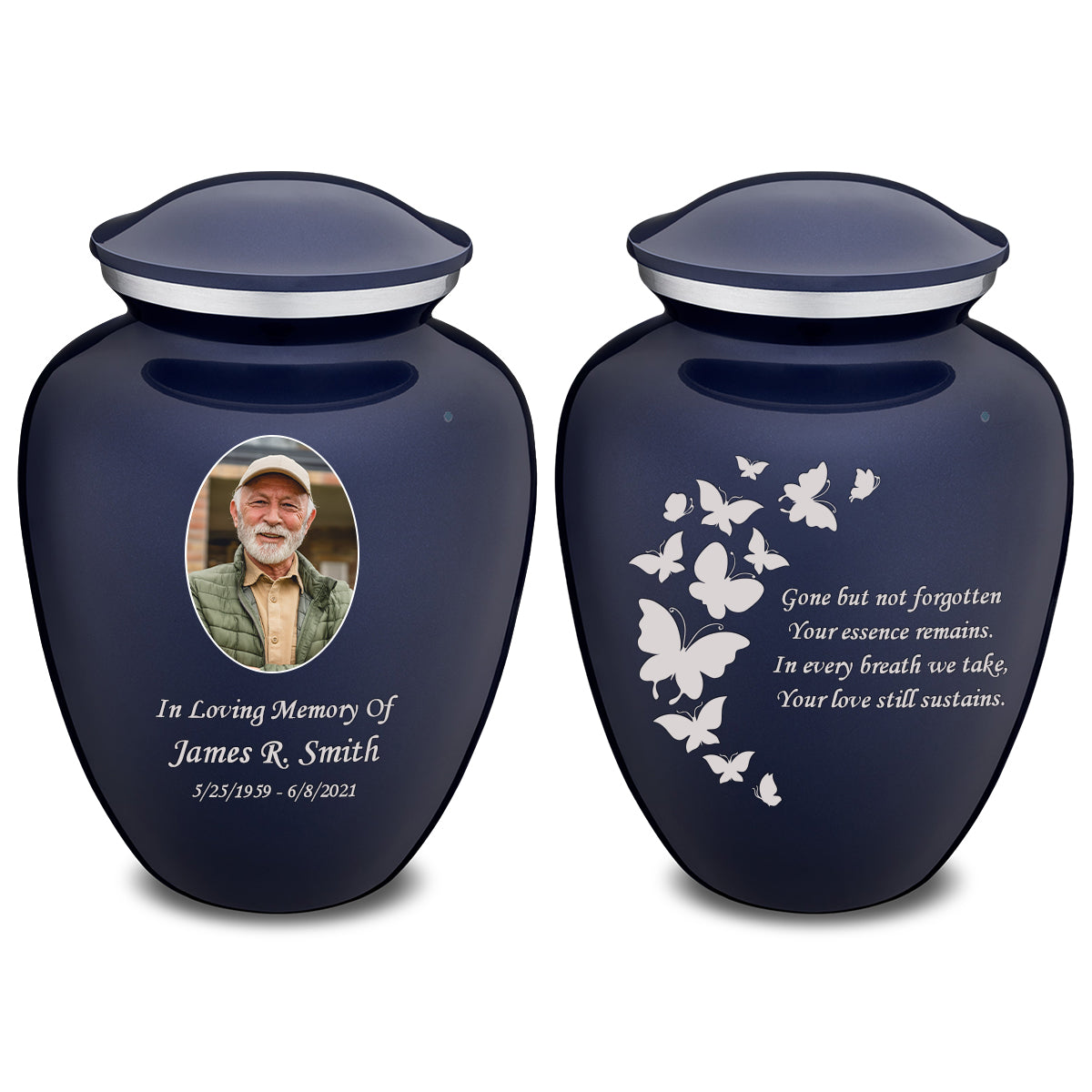 Medium Embrace Cobalt Blue Portrait with Butterflies Cremation Urn