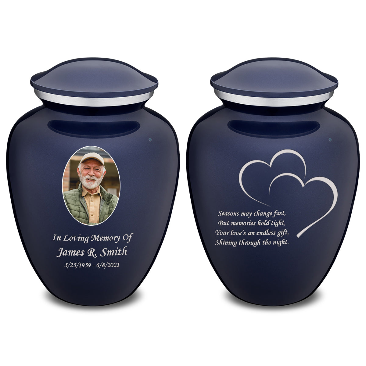 Medium Embrace Cobalt Blue Portrait with Hearts Cremation Urn