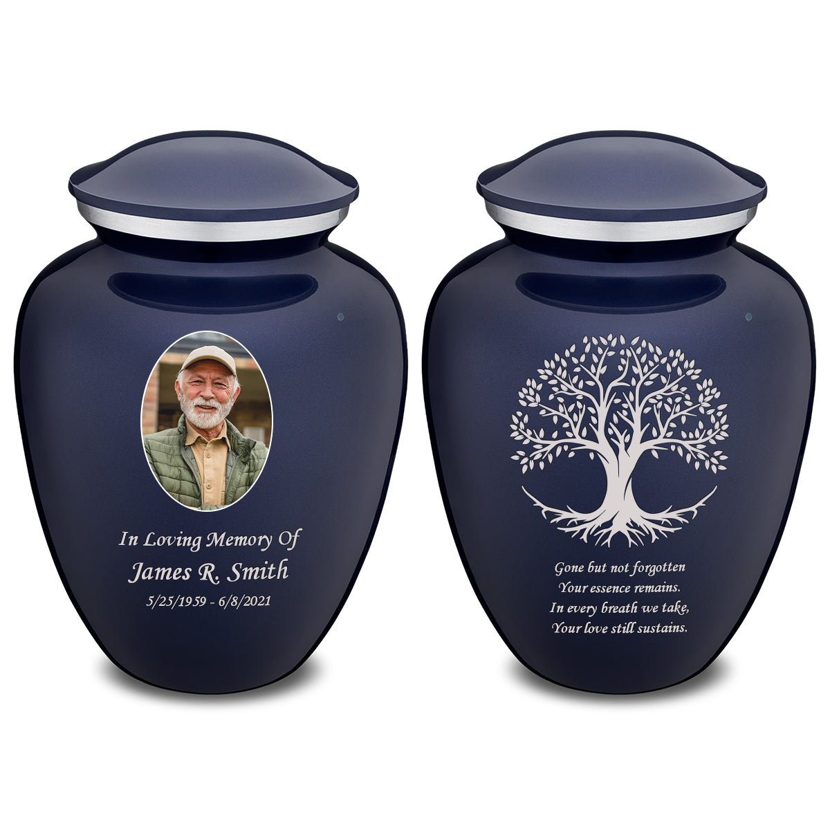 Medium Embrace Cobalt Blue Portrait with Tree of Life Cremation Urn