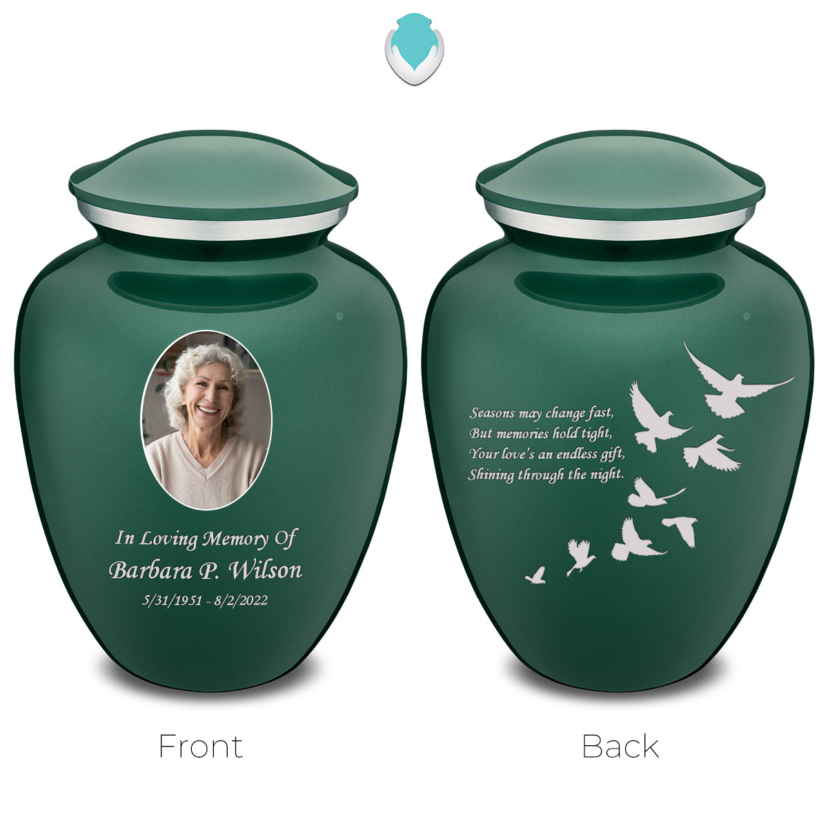 Medium Embrace Green Portrait with Doves Cremation Urn