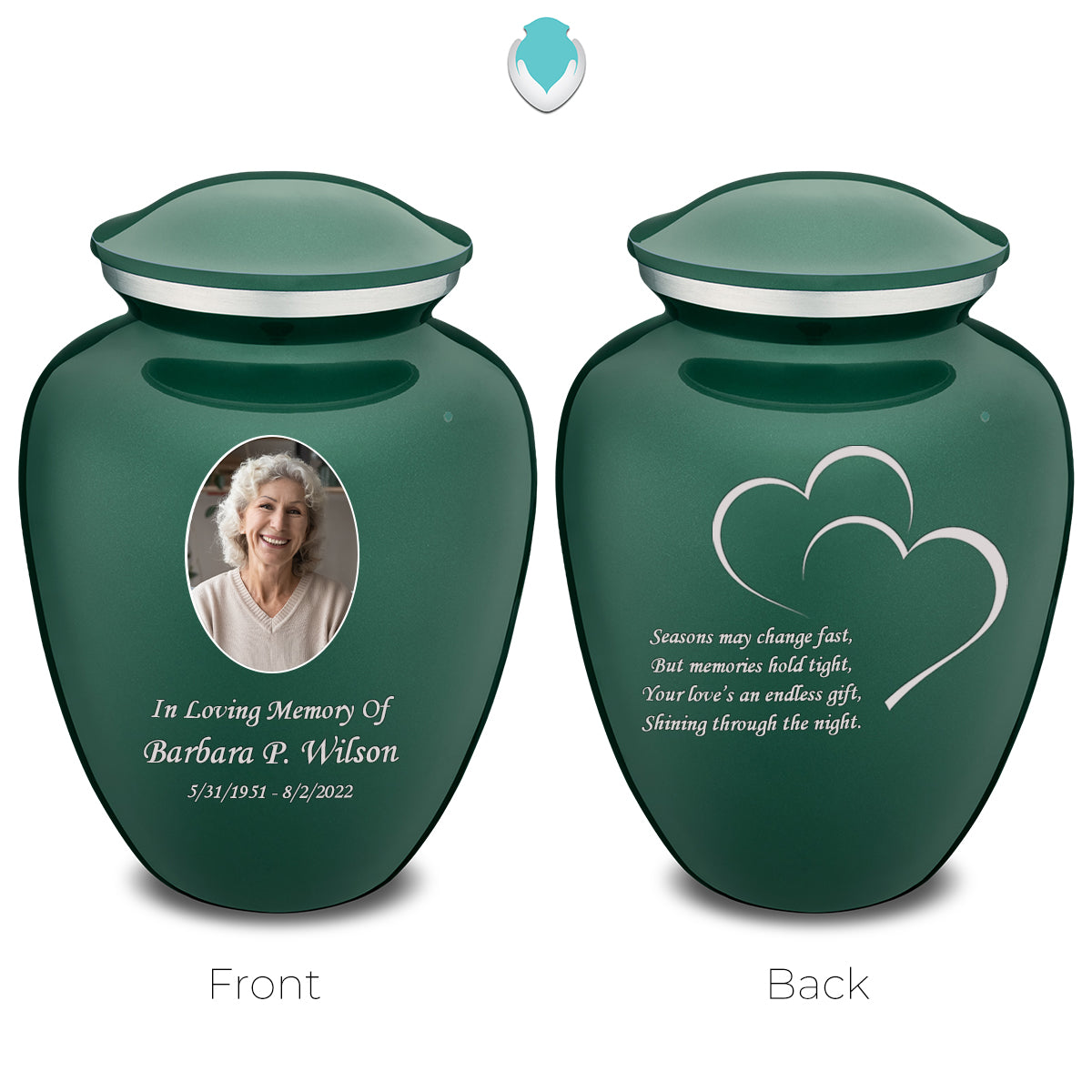 Medium Embrace Green Portrait with Hearts Cremation Urn