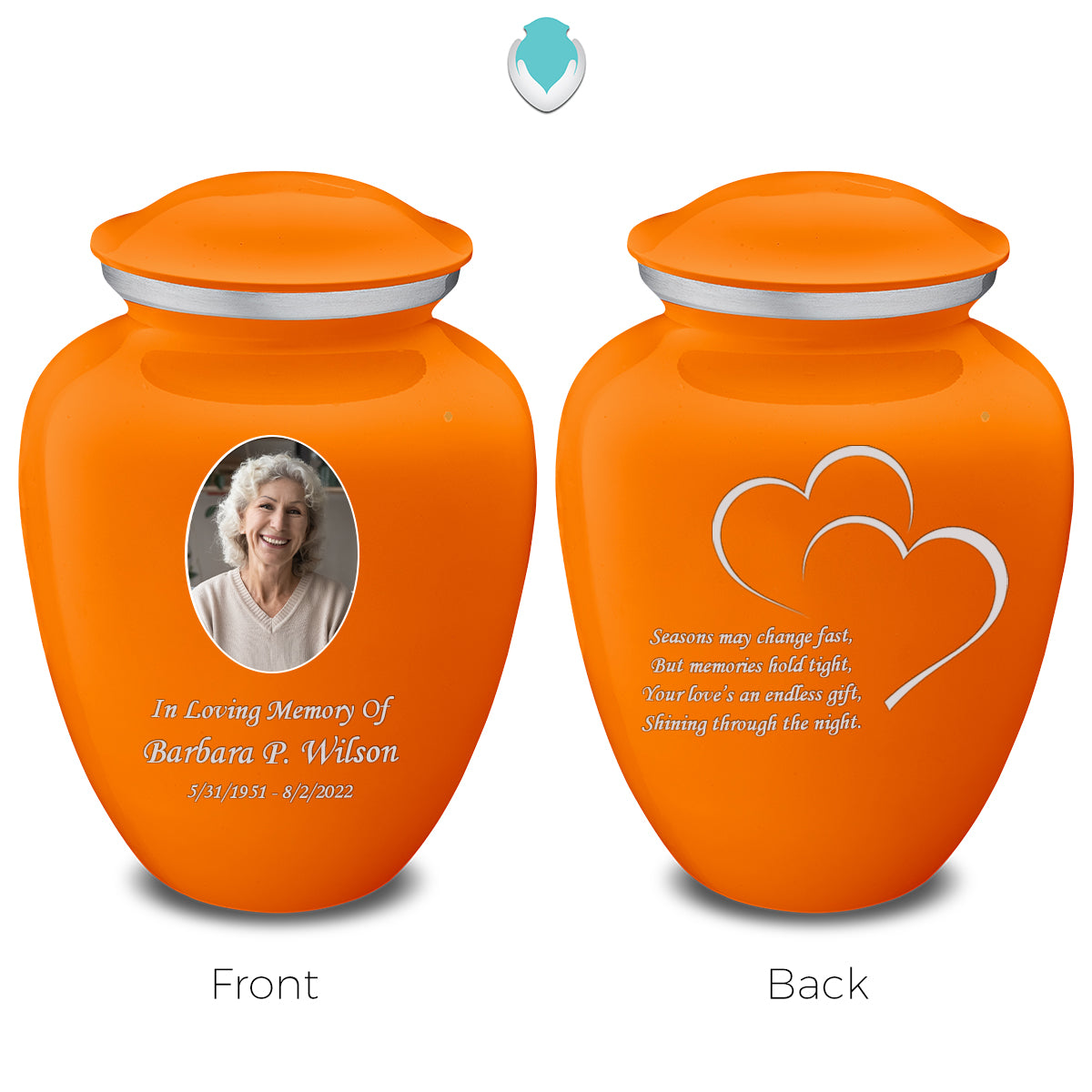 Medium Embrace Burnt Orange Portrait with Hearts Cremation Urn