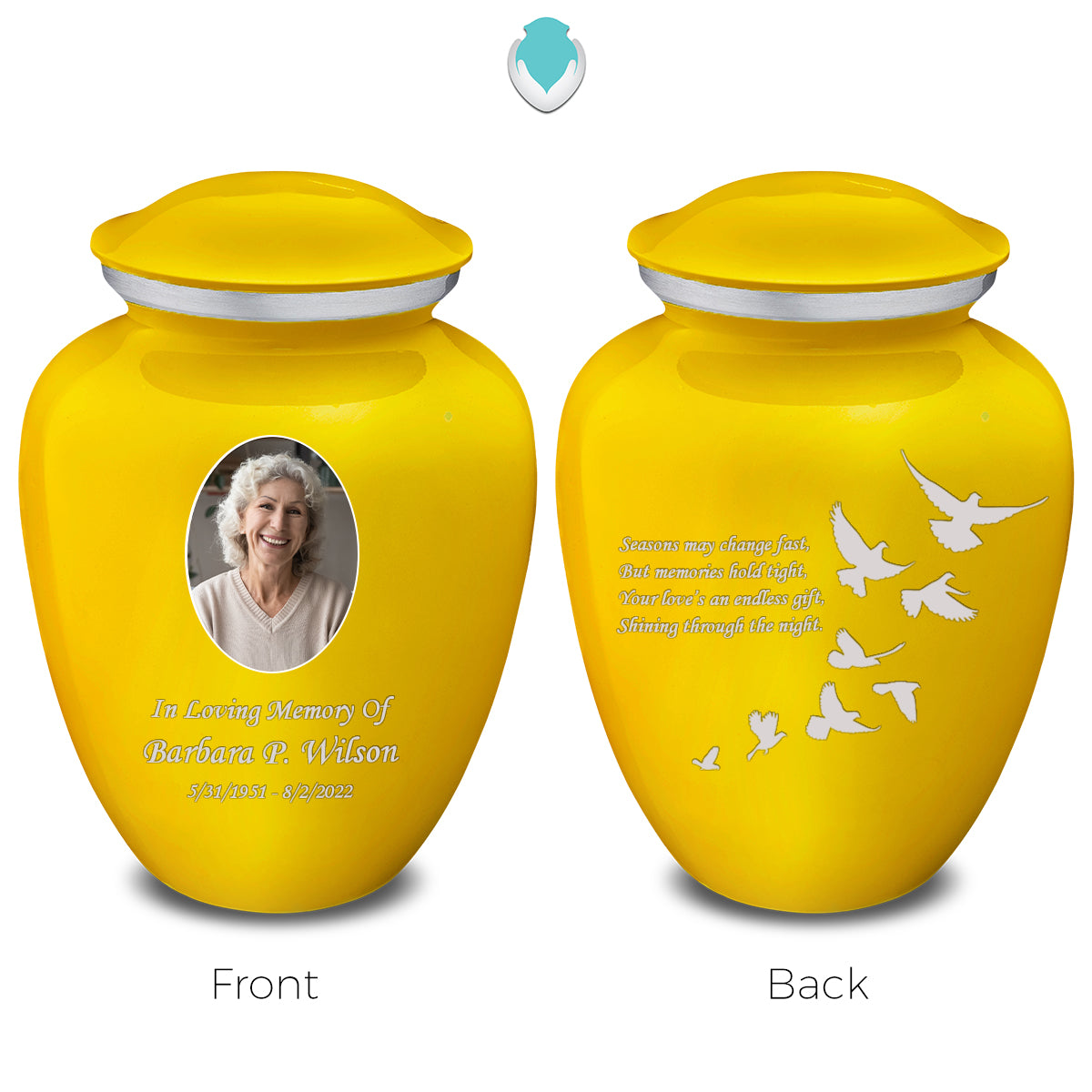 Medium Embrace Yellow Portrait with Doves Cremation Urn