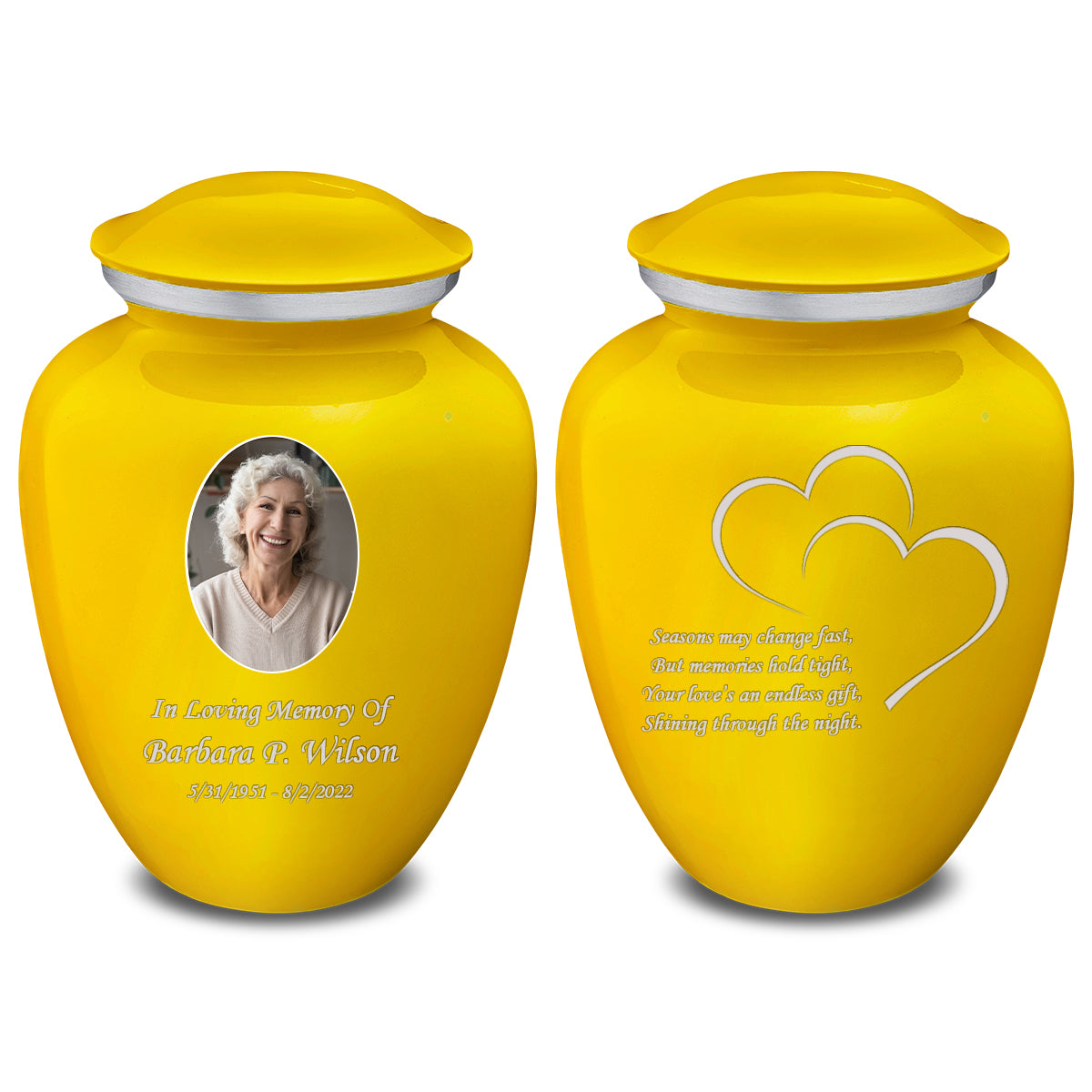 Medium Embrace Yellow Portrait with Hearts Cremation Urn