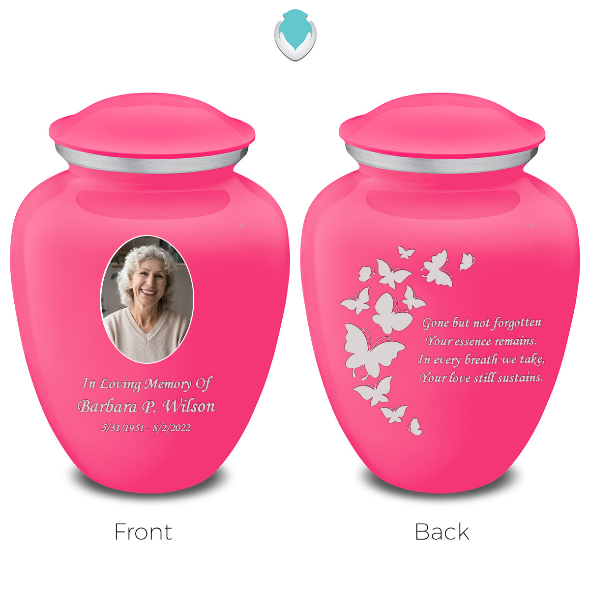 Adult Embrace Bright Pink Portrait with Butterflies Cremation Urn