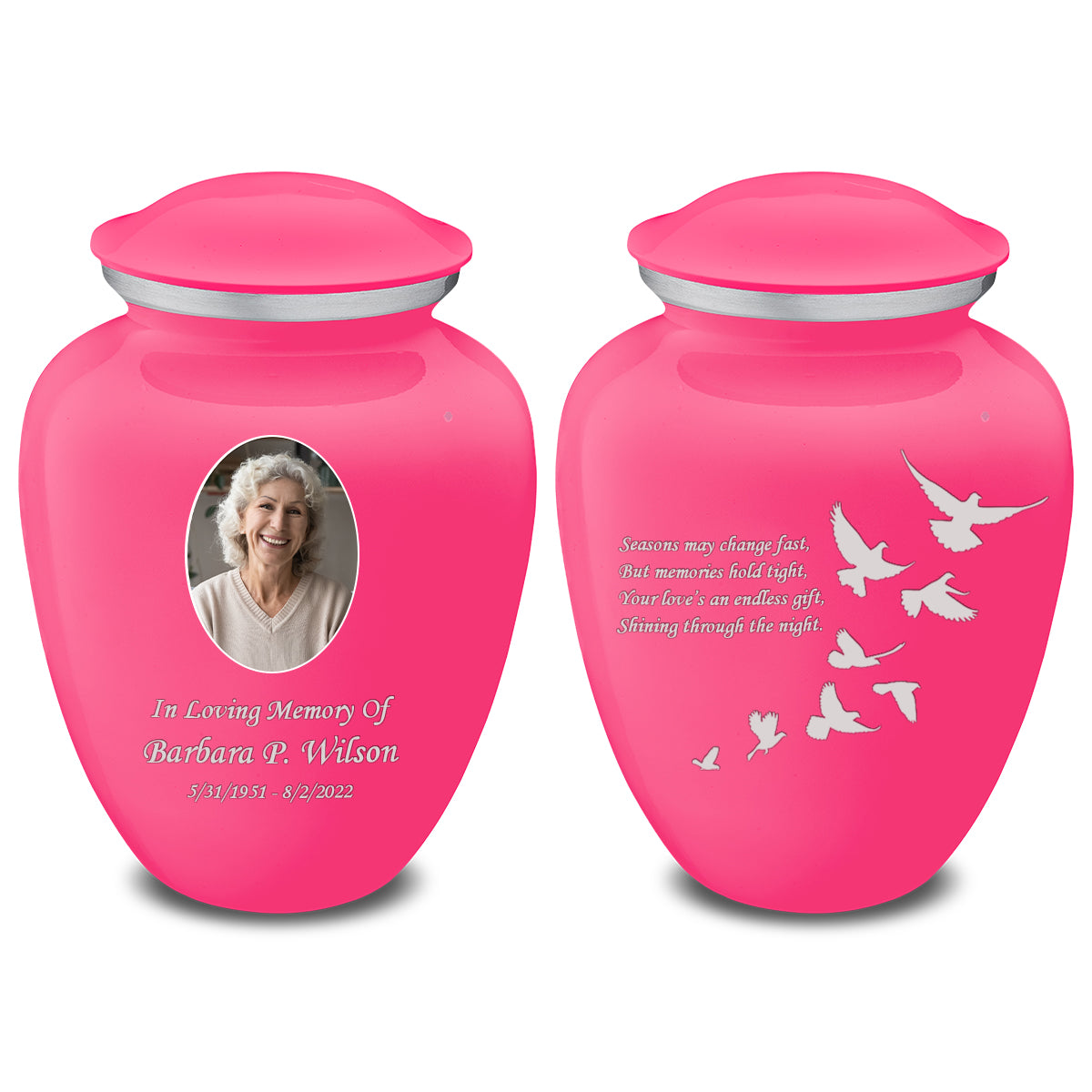Medium Embrace Bright Pink Portrait with Doves Cremation Urn