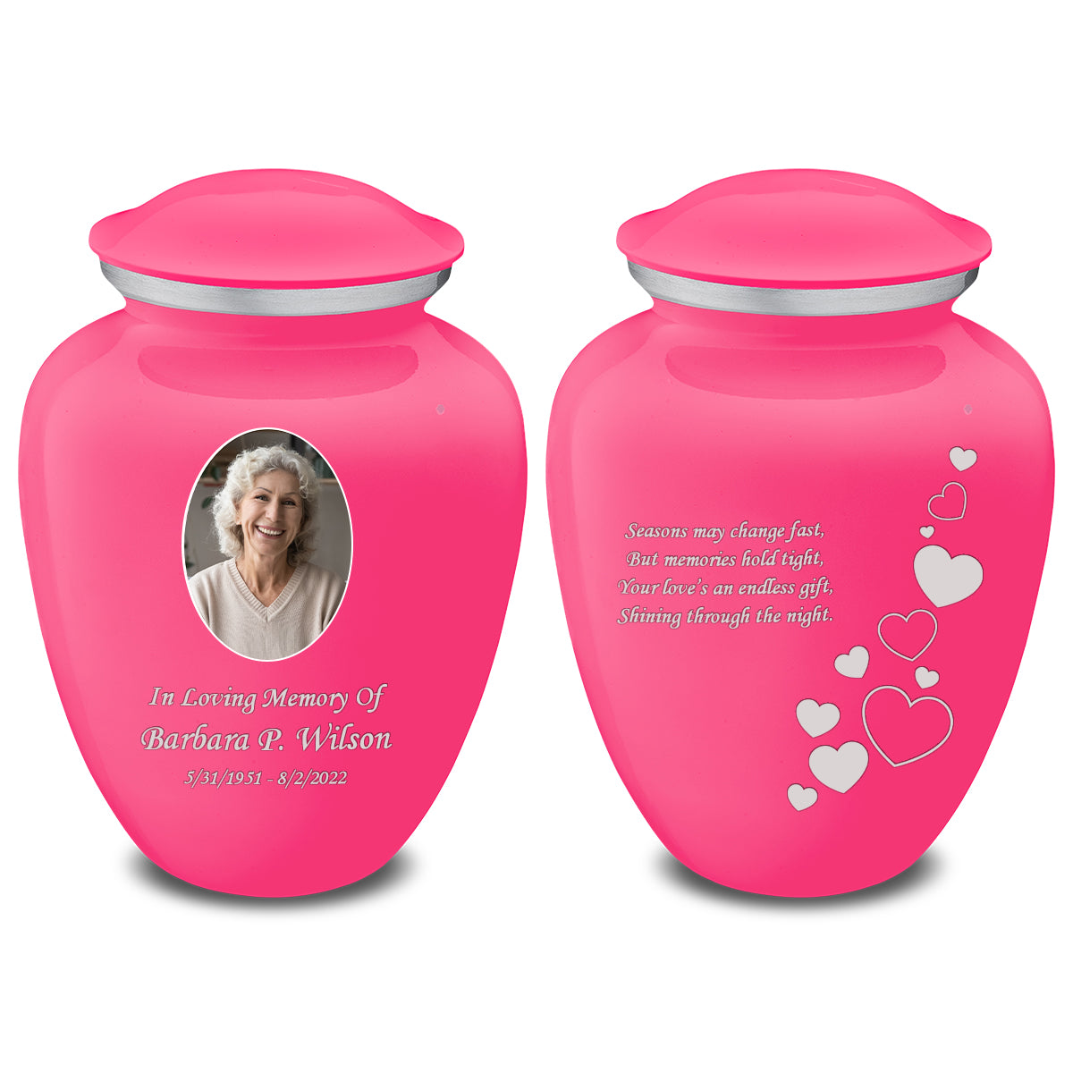 Medium Embrace Bright Pink Portrait with Floating hearts Cremation Urn