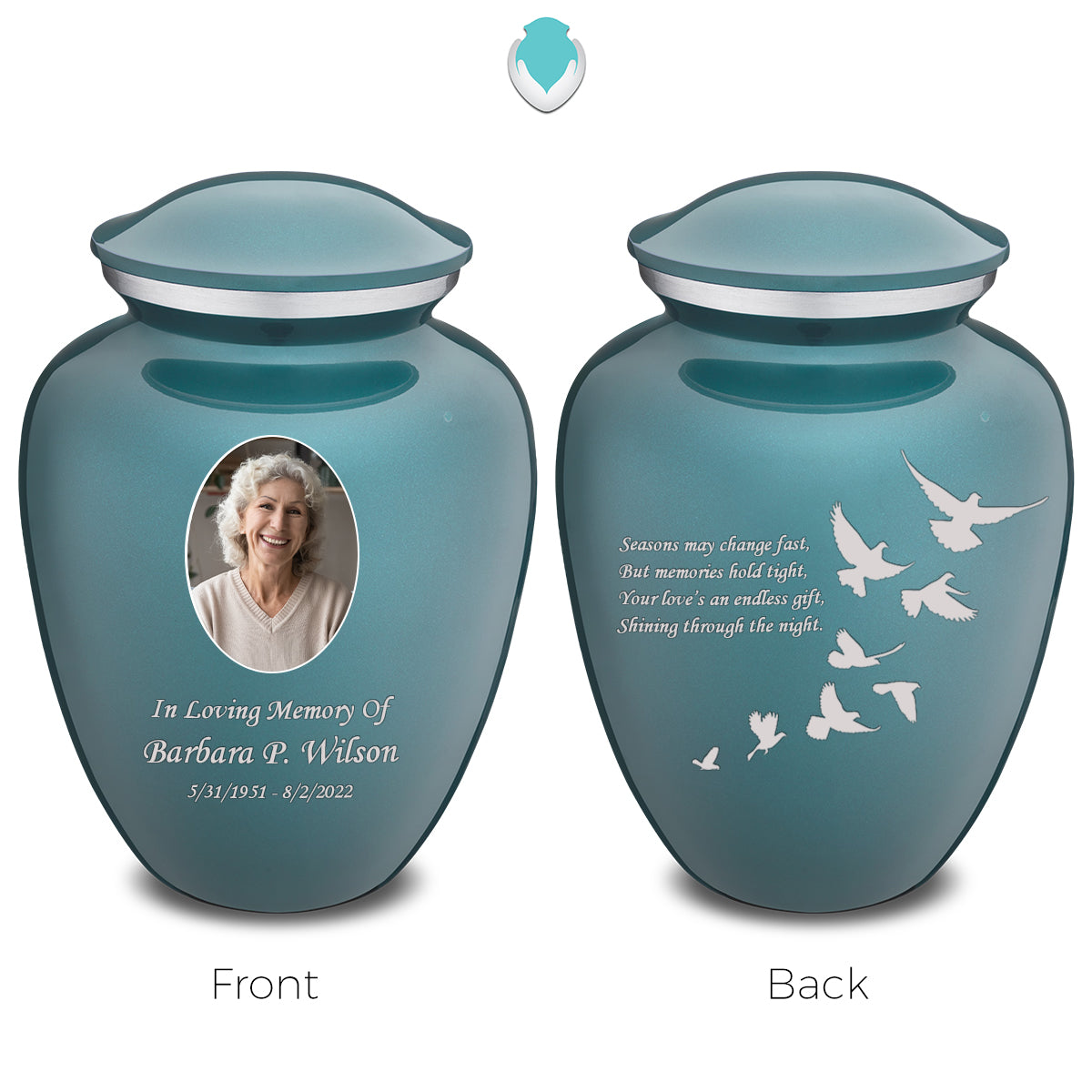 Medium Embrace Teal Portrait with Doves Cremation Urn