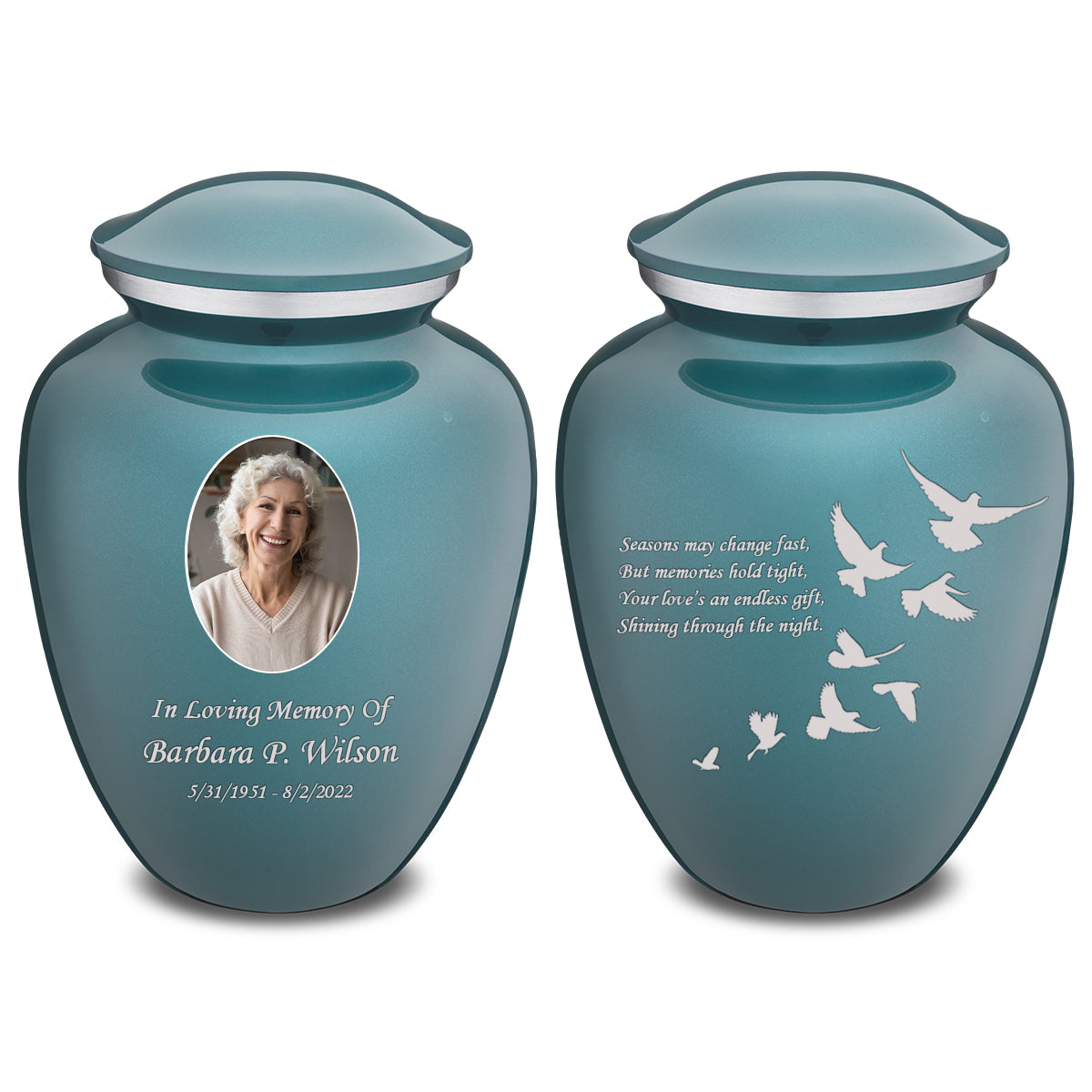Medium Embrace Teal Portrait with Doves Cremation Urn
