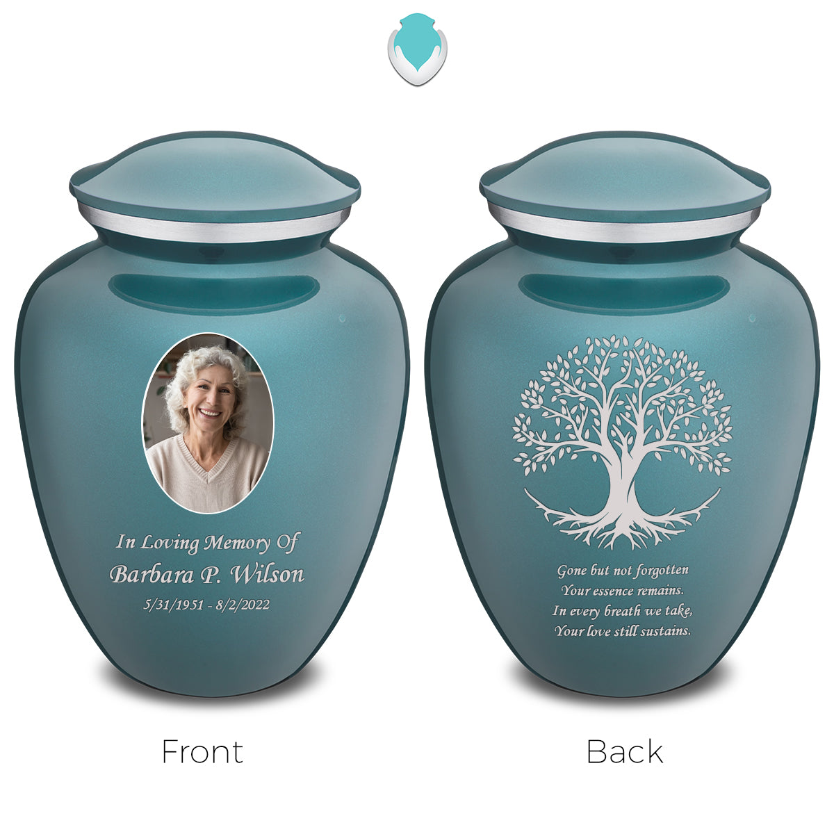 Medium Embrace Teal Portrait with Tree of Life Cremation Urn