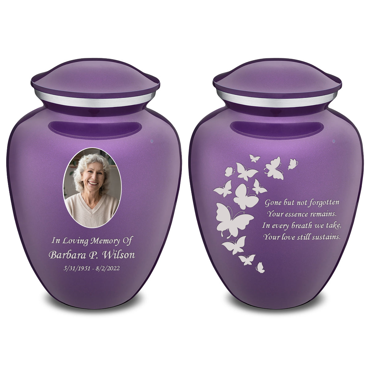 Medium Embrace Purple Portrait with Butterflies Cremation Urn