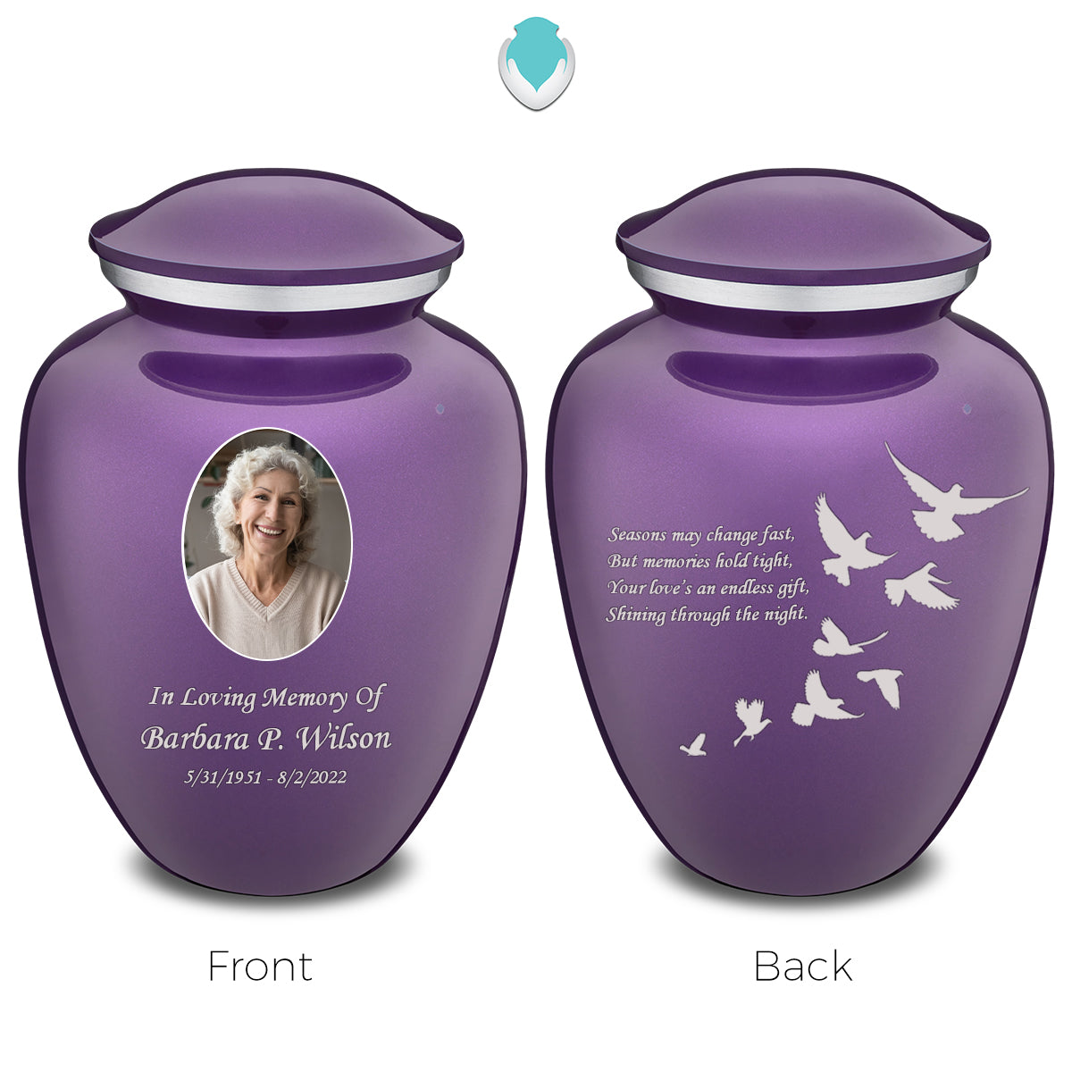 Medium Embrace Purple Portrait with Doves Cremation Urn